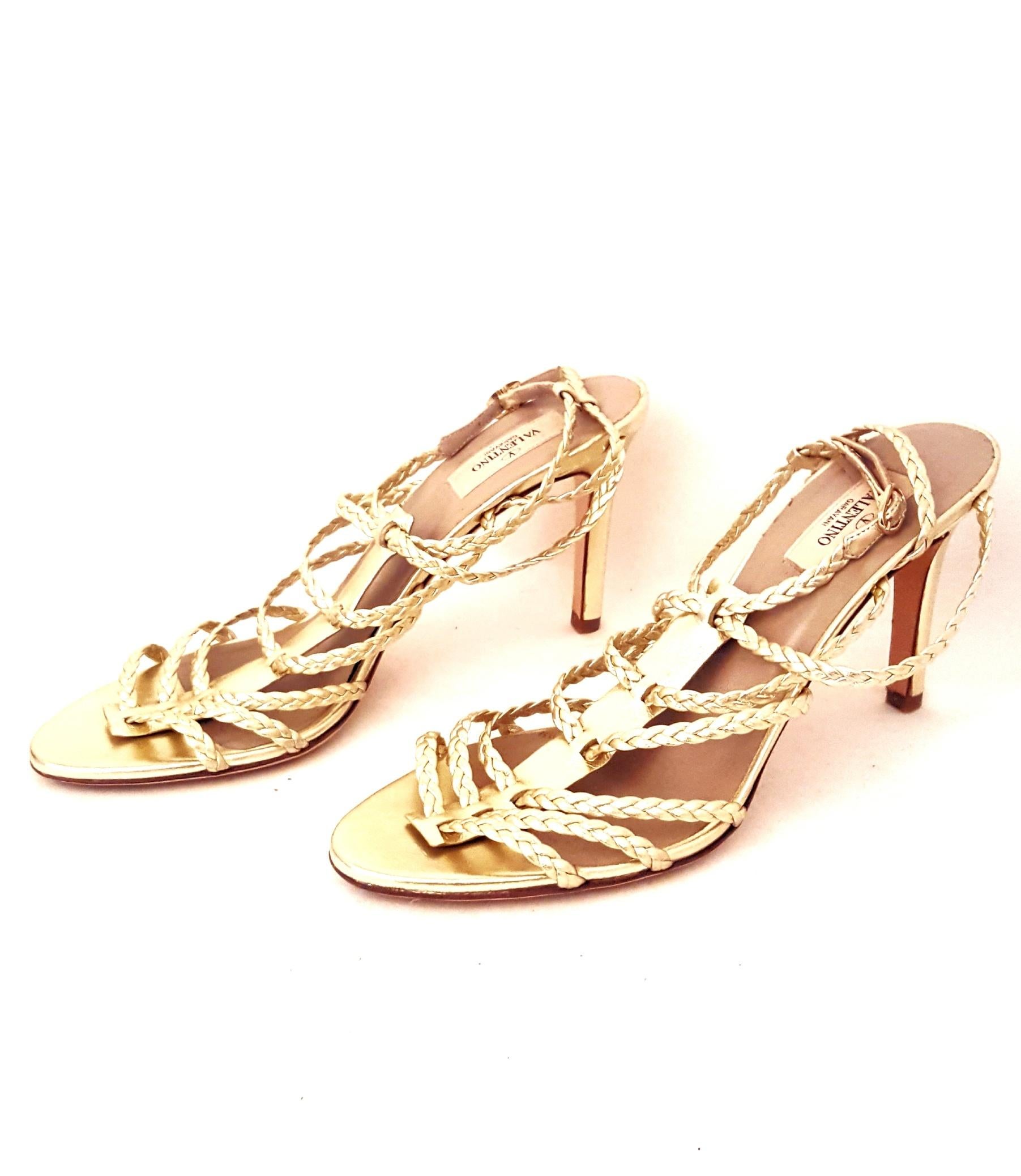 Valentino Gold Tone Braided Strappy Open Toe Sandals For Sale 1