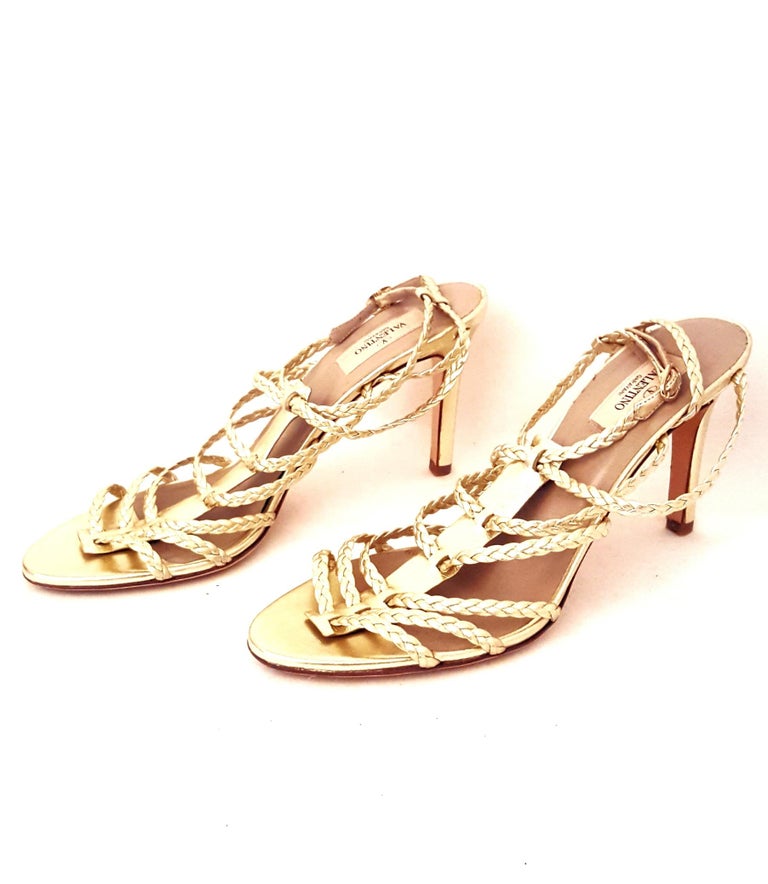Valentino Gold Tone Braided Strappy Open Toe Sandals For Sale at 1stDibs