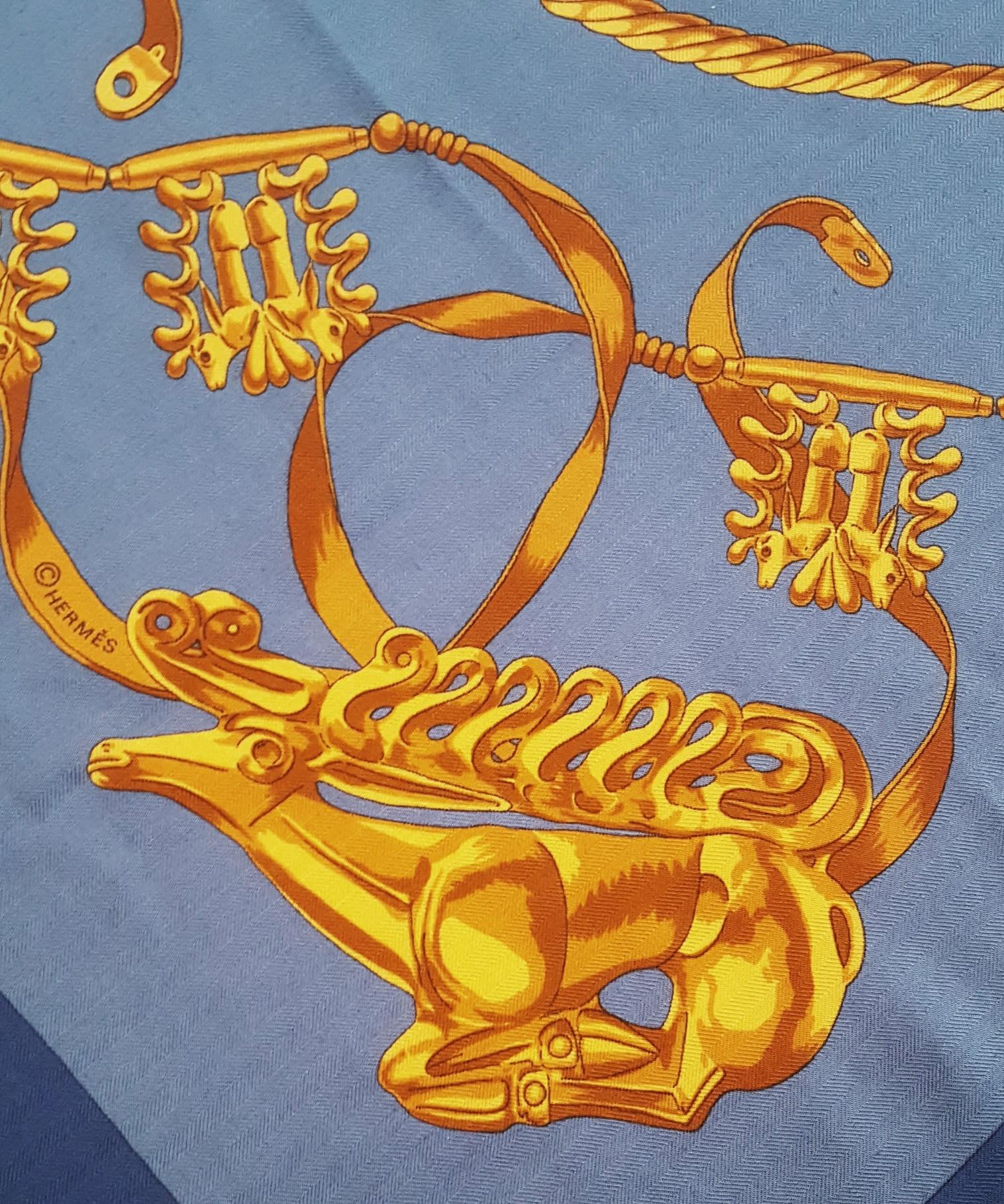 Hermes by Vladimir Rybaltchenko Blue and Gold Tone Les Cavaliers D'Or Shawl In Excellent Condition In Palm Beach, FL
