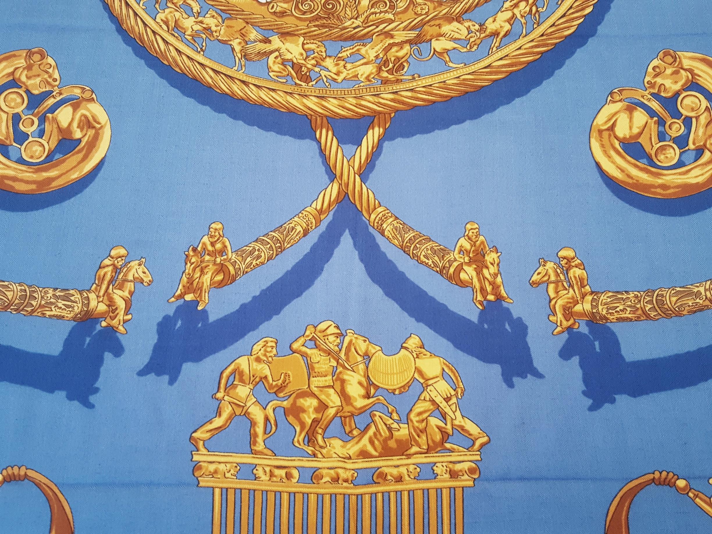 Hermes by Vladimir Rybaltchenko Blue and Gold Tone Les Cavaliers D'Or Shawl 2