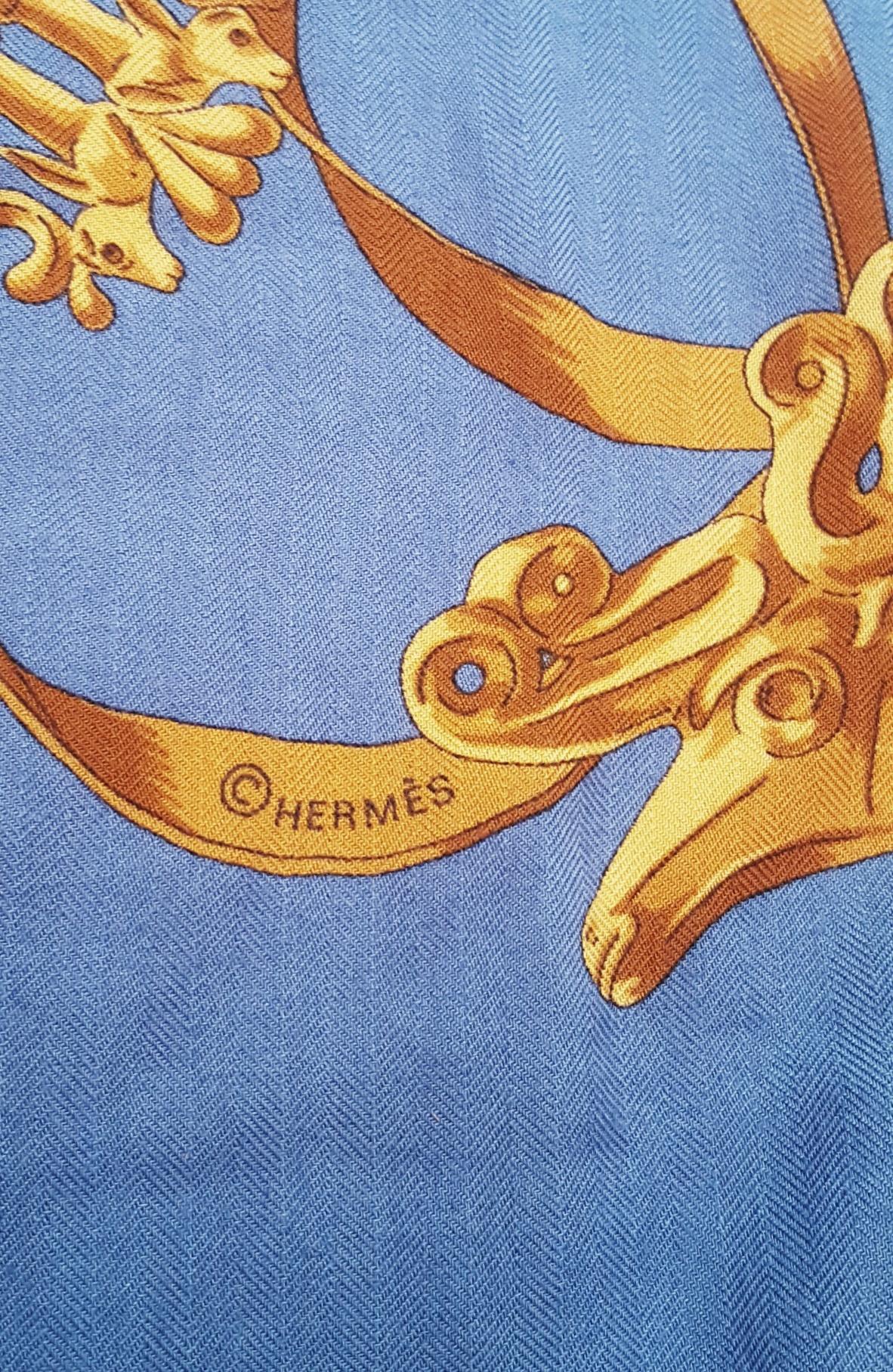 Hermes by Vladimir Rybaltchenko Blue and Gold Tone Les Cavaliers D'Or Shawl 8