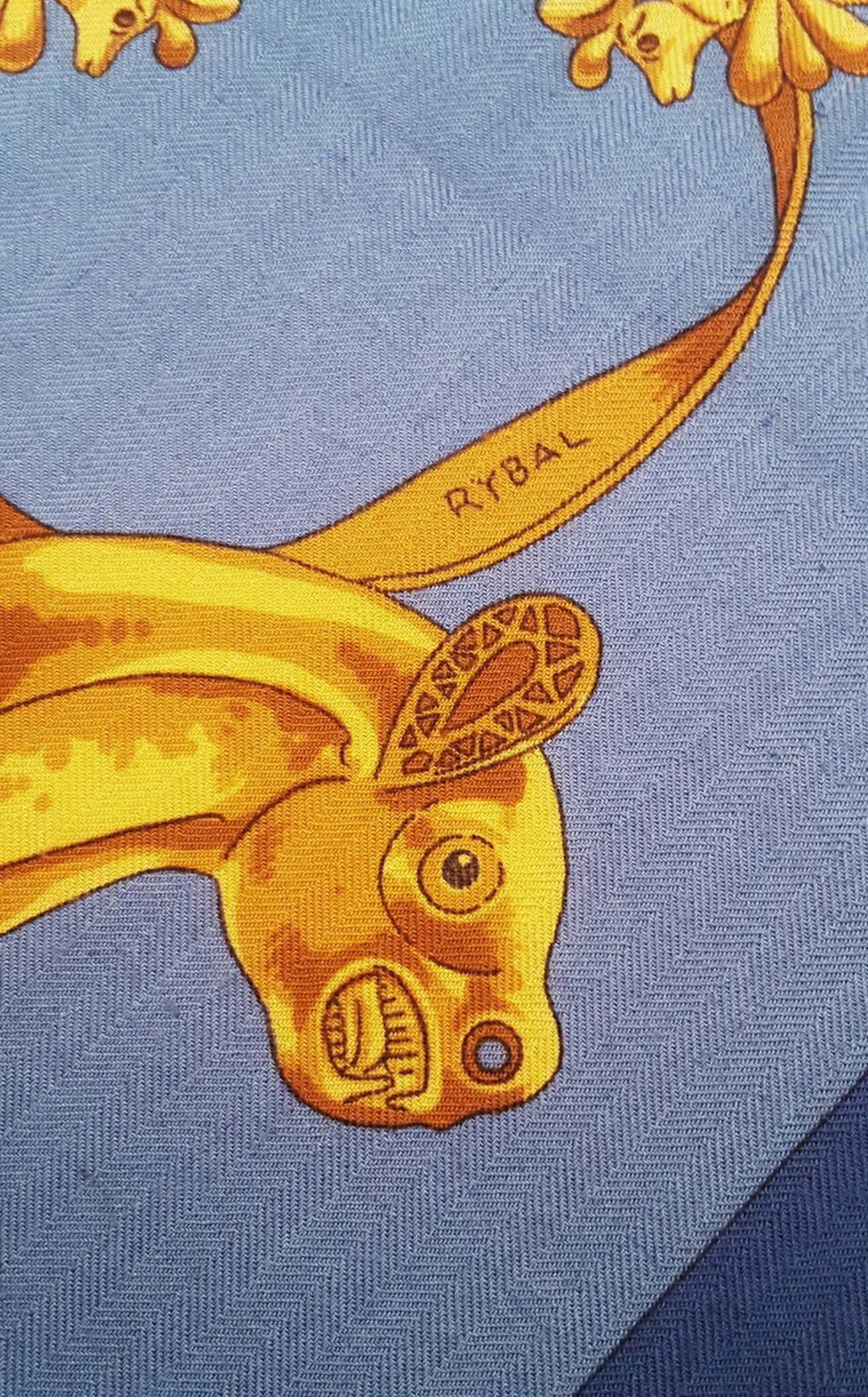 Hermes by Vladimir Rybaltchenko Blue and Gold Tone Les Cavaliers D'Or Shawl 7