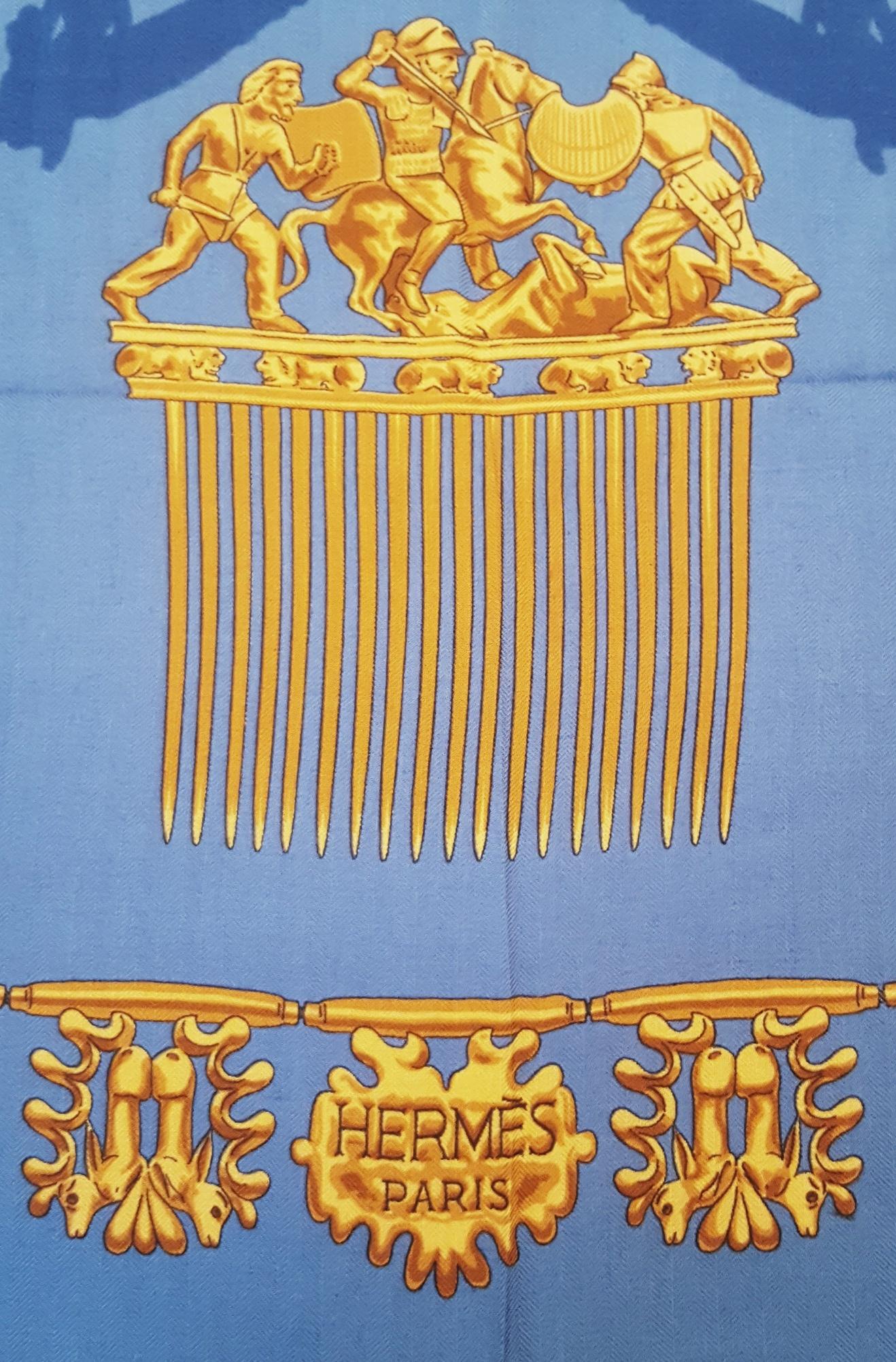 Hermes by Vladimir Rybaltchenko Blue and Gold Tone Les Cavaliers D'Or Shawl 3