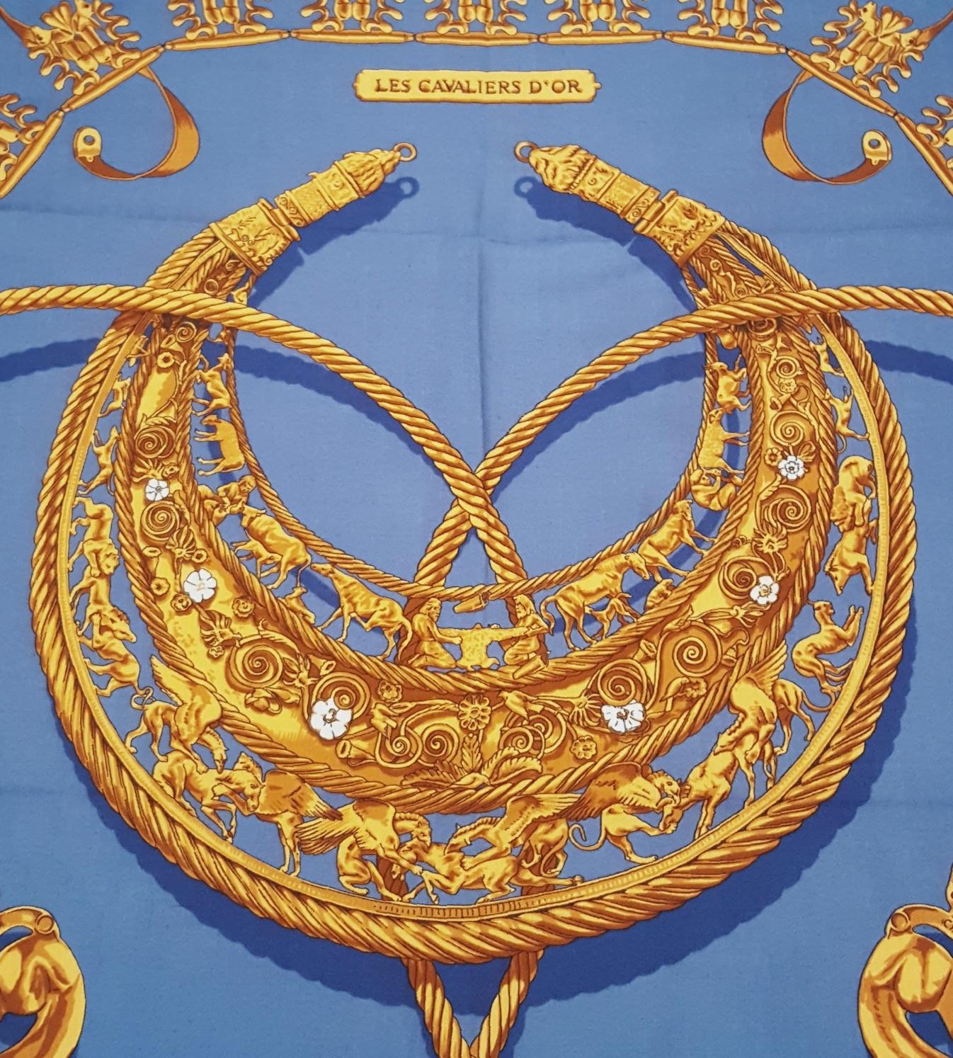 Hermes by Vladimir Rybaltchenko Blue and Gold Tone Les Cavaliers D'Or Shawl 6
