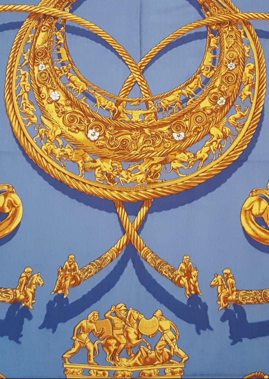 Hermes by Vladimir Rybaltchenko Blue and Gold Tone Les Cavaliers D'Or Shawl 4