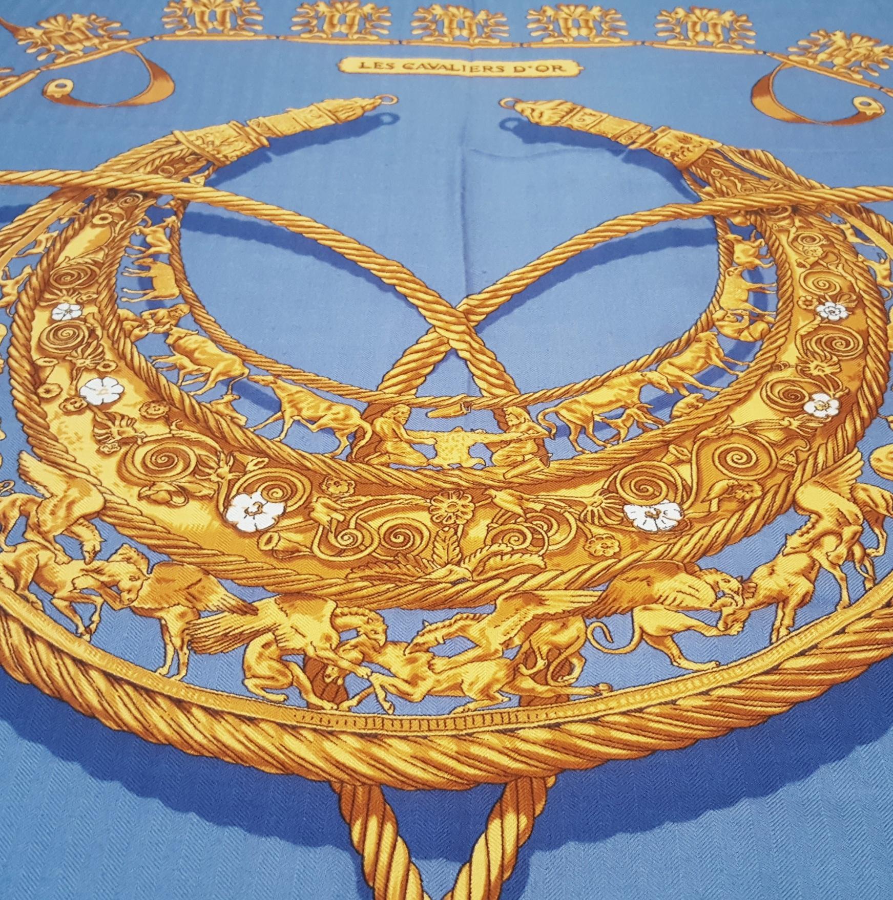 Hermes by Vladimir Rybaltchenko Blue and Gold Tone Les Cavaliers D'Or Shawl 5