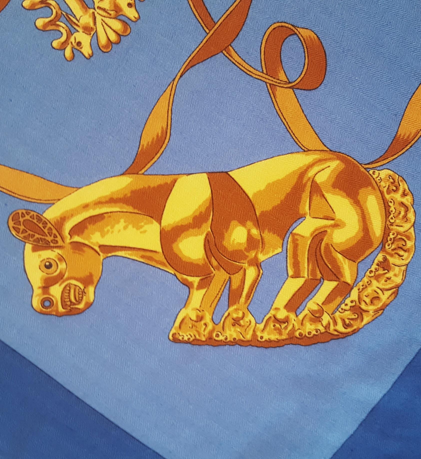 Hermes by Vladimir Rybaltchenko Blue and Gold Tone Les Cavaliers D'Or Shawl 1
