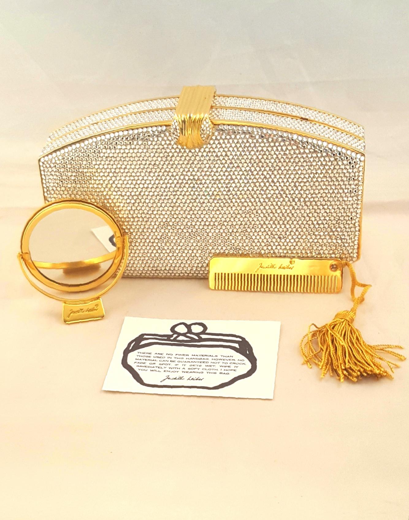 Beige Judith Leiber Silver Tone Swarovski Minaudiere Evening Bag W/ Gold Tone Trim