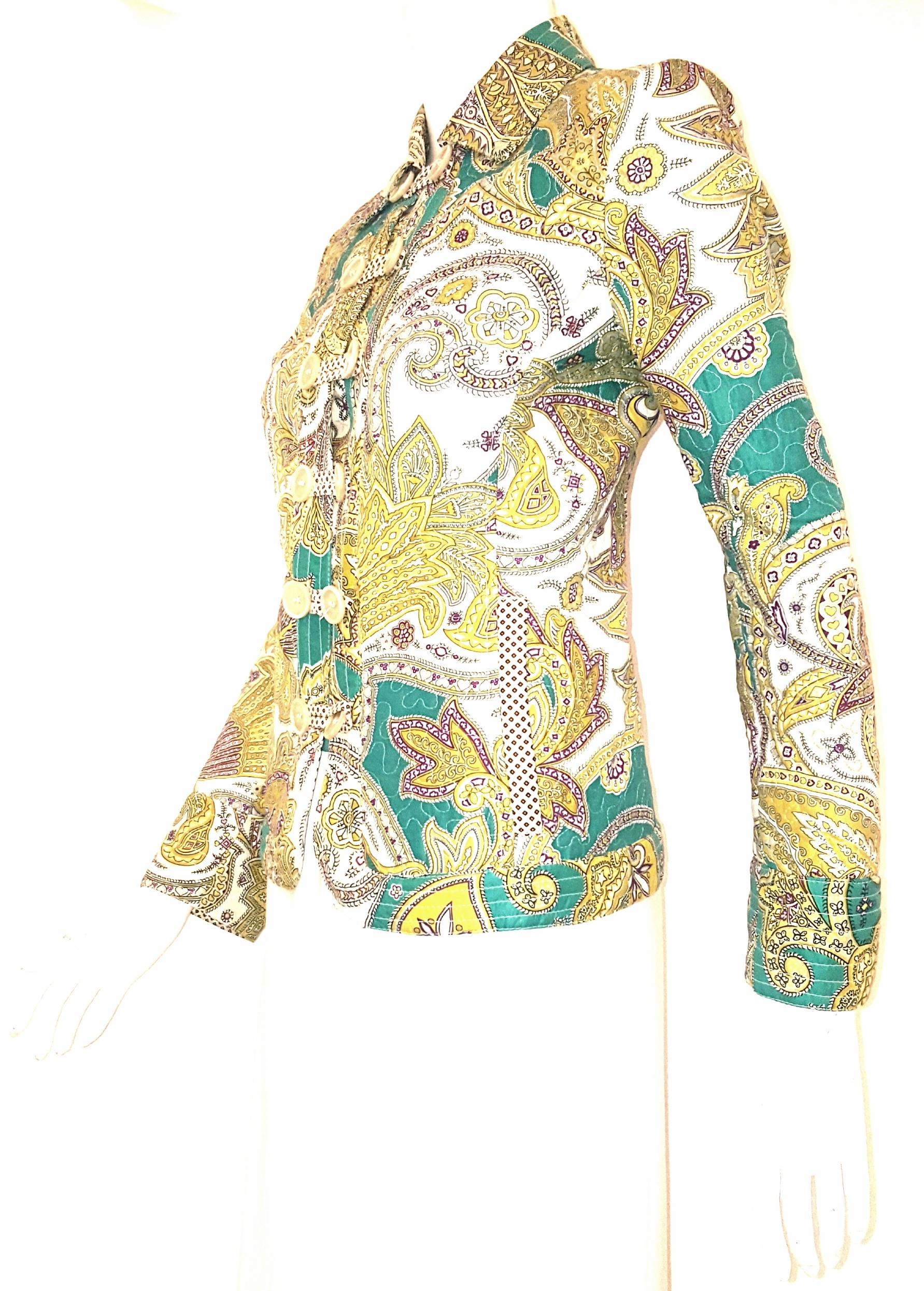 Beige  Etro Garden Floral Paisley Green/Yellow Quilted Jacket W/ Tab Buttons For Sale