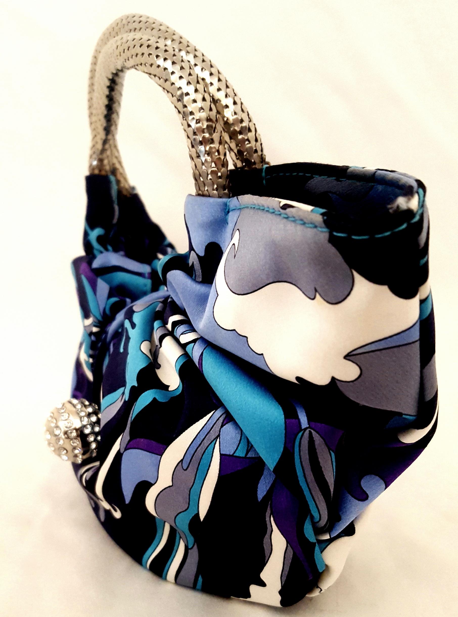 Emilio Pucci Blue Abstract Print Evening Bag With Silver Tone Crystal Closure  In Excellent Condition For Sale In Palm Beach, FL