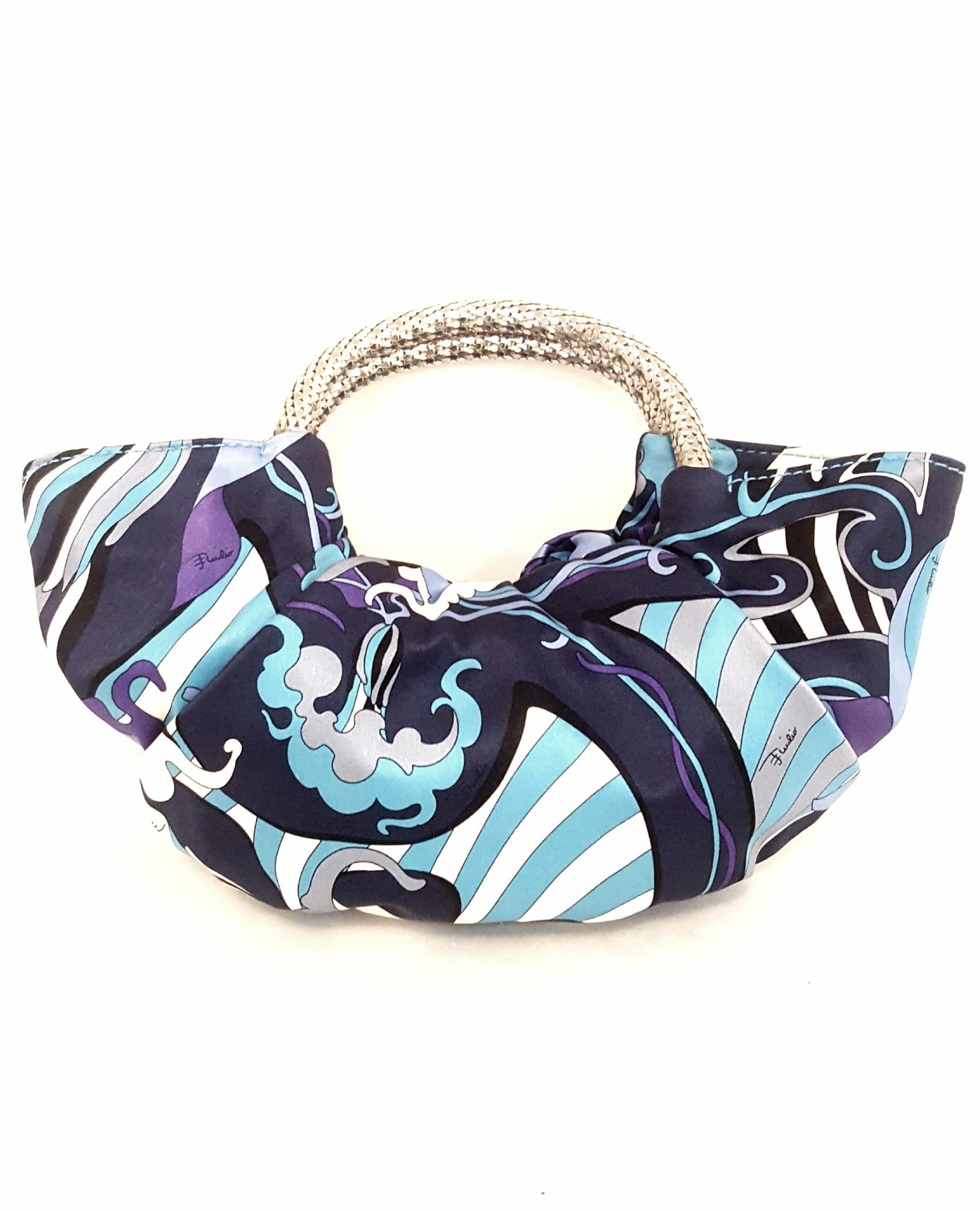 Black Emilio Pucci Blue Abstract Print Evening Bag With Silver Tone Crystal Closure  For Sale