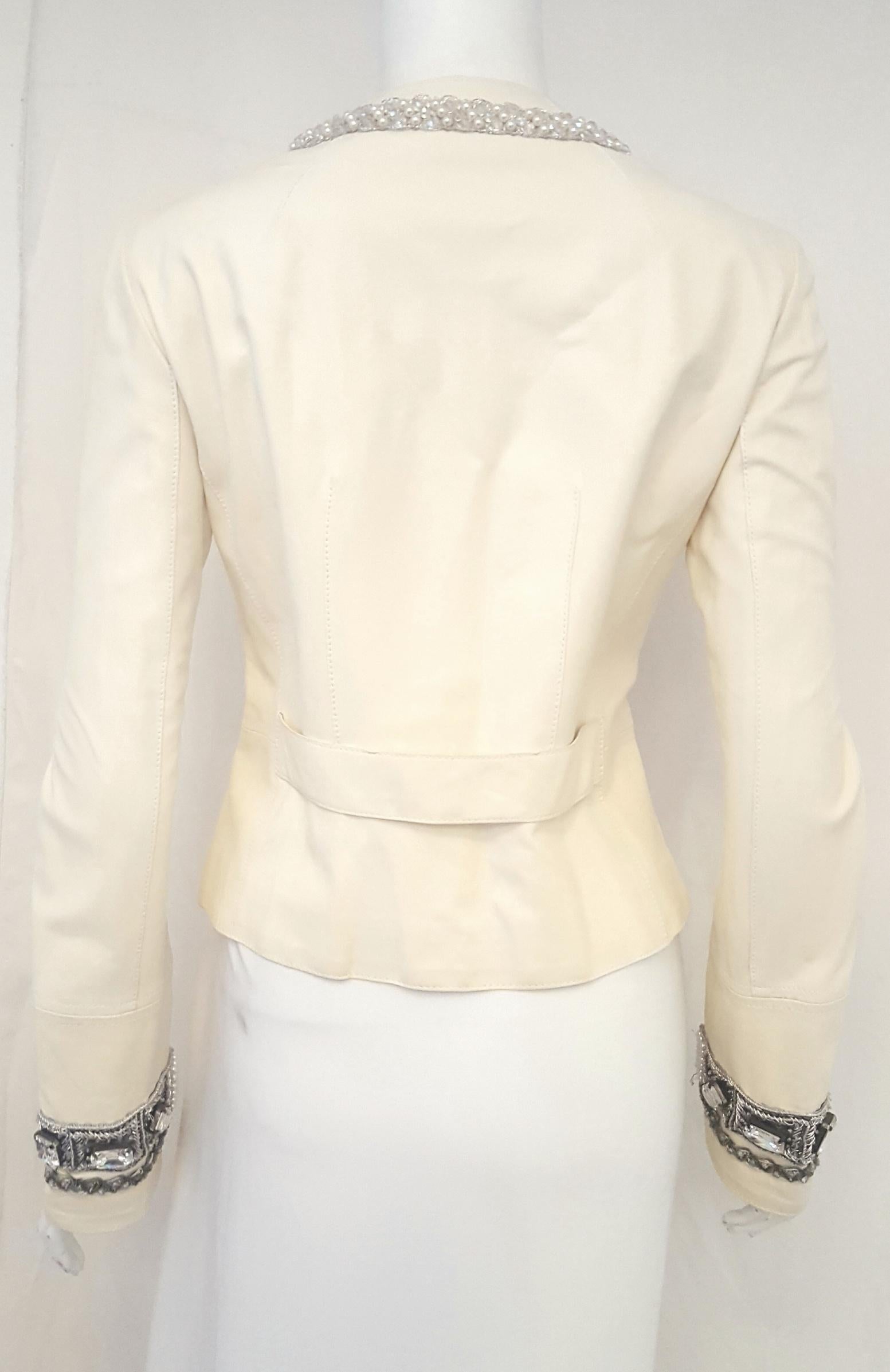 Beige Dolce & Gabbana Ivory Lambskin Leather Crystal Embellished Jacket
