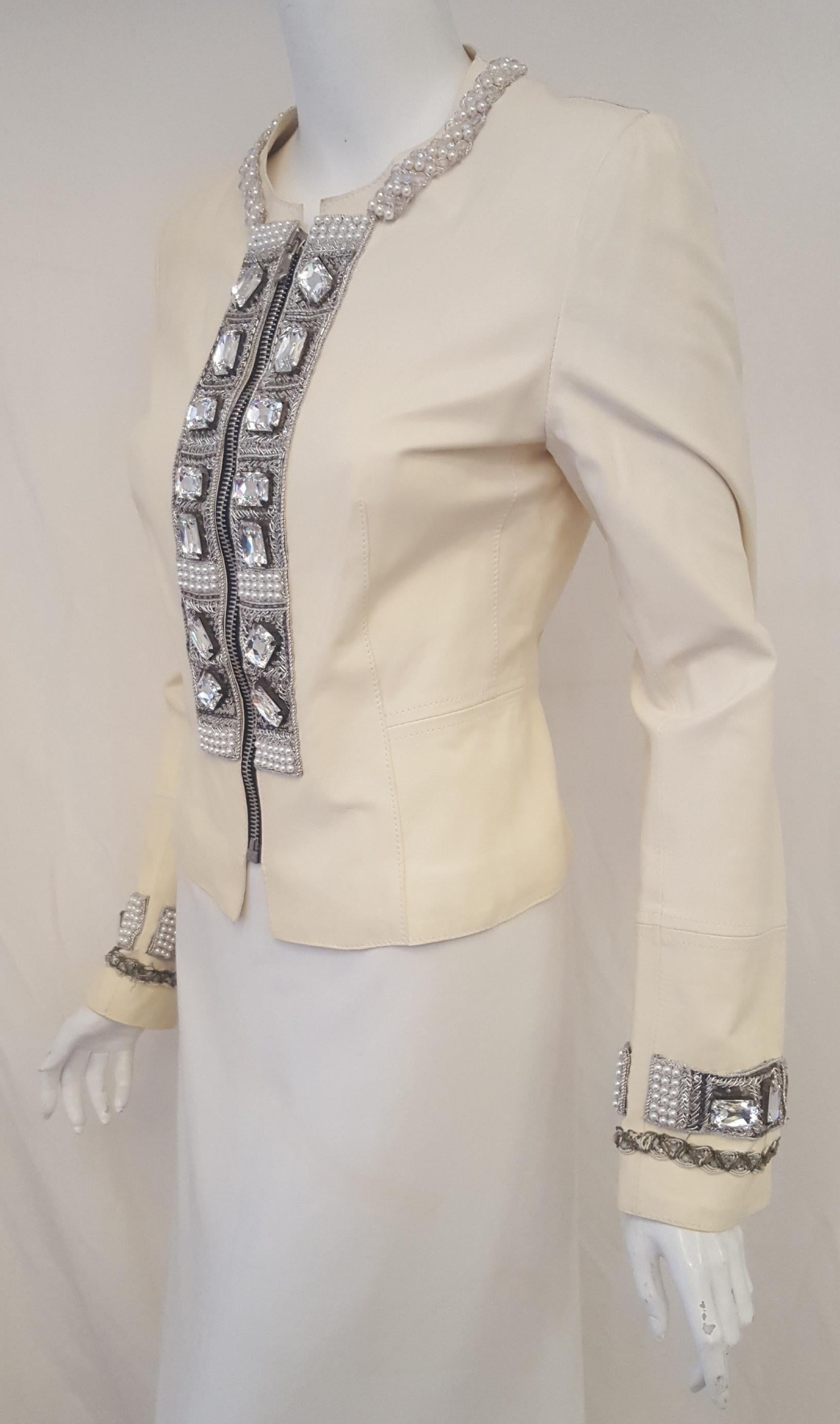 Dolce & Gabbana Ivory Lambskin Leather Crystal Embellished Jacket In Excellent Condition In Palm Beach, FL