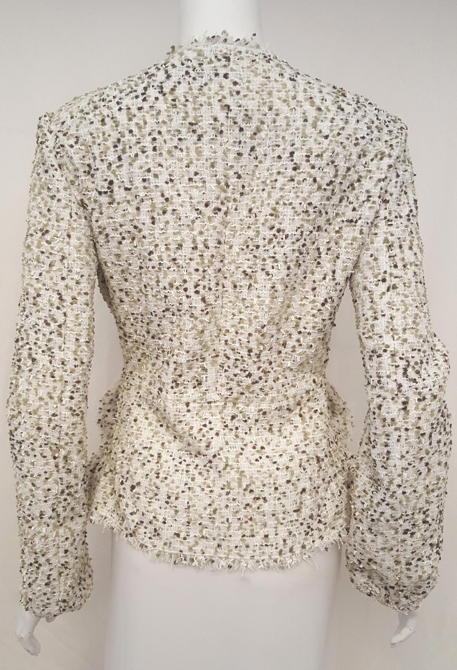 Beige Giambattista Valli White & Green Cotton Tweed Fringe Jacket