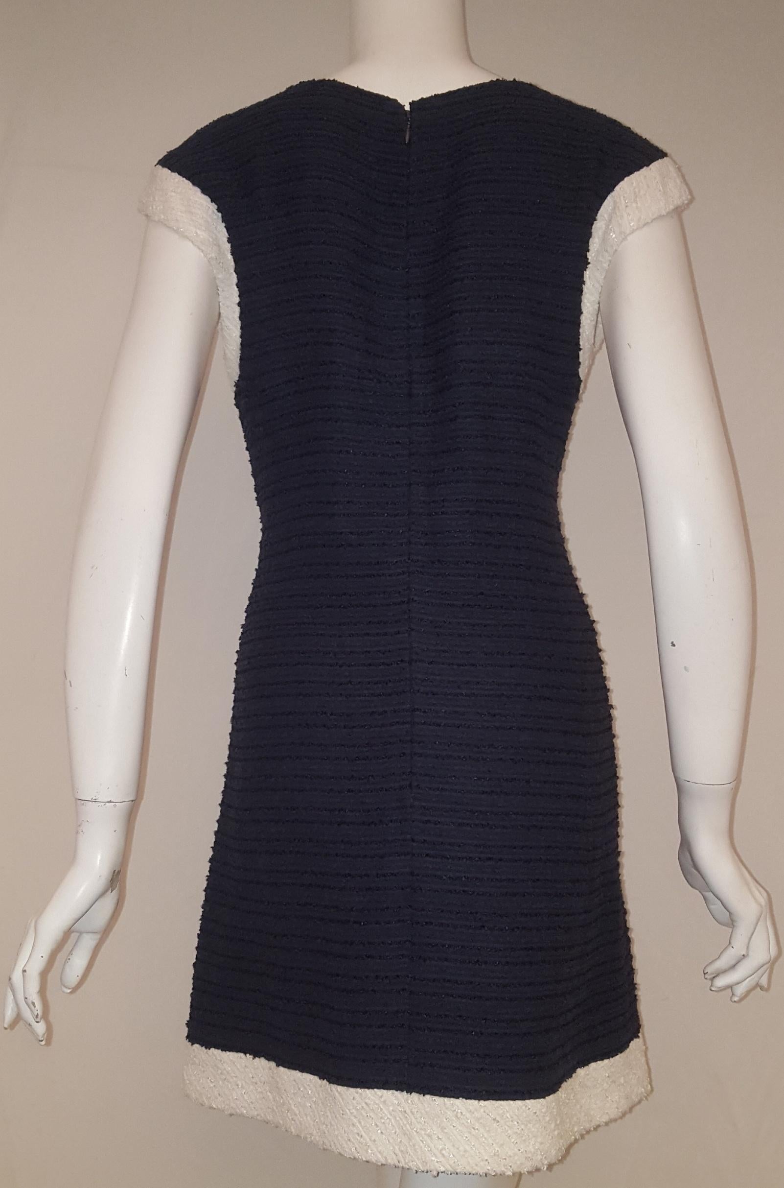 Black Chanel Navy and White Boucle Sleeveless From 2014 Runway Collection Dress