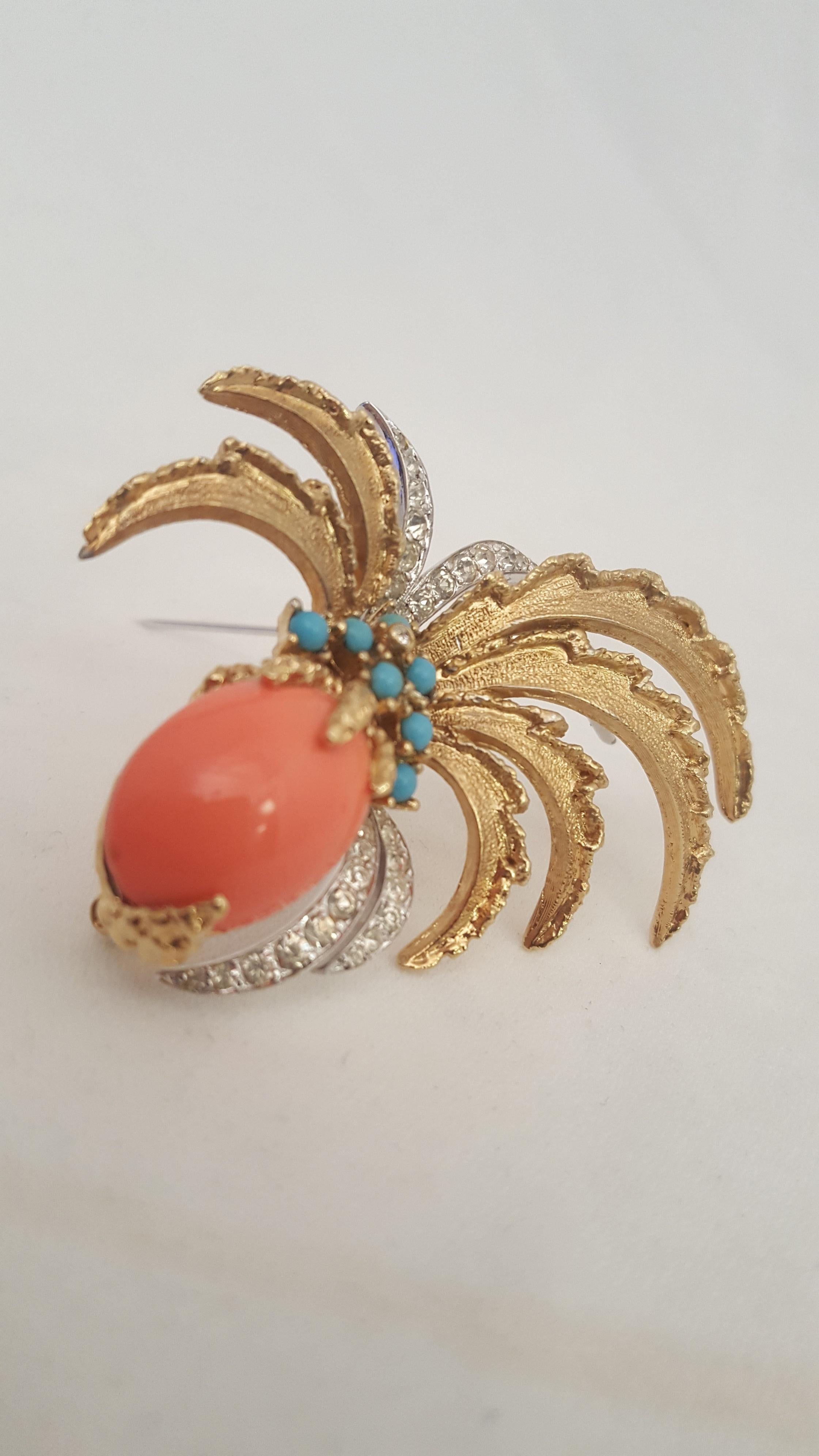 Artisan Jomaz Goldtone Coral, Turquoise and Crystals Brooch and Earrings