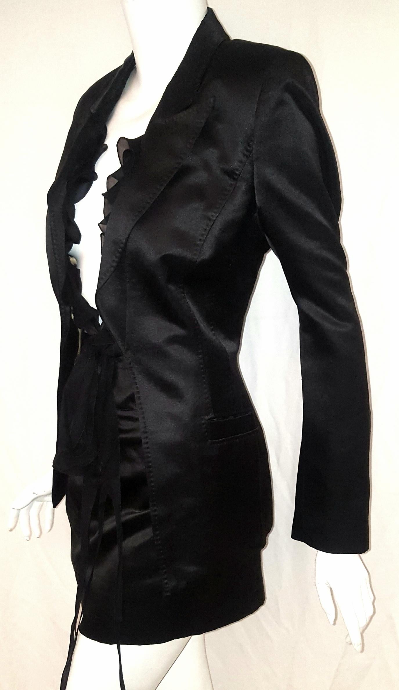 Roberto Cavalli Black Satin Silk & Cotton Skirt Suit Size L In Excellent Condition For Sale In Palm Beach, FL