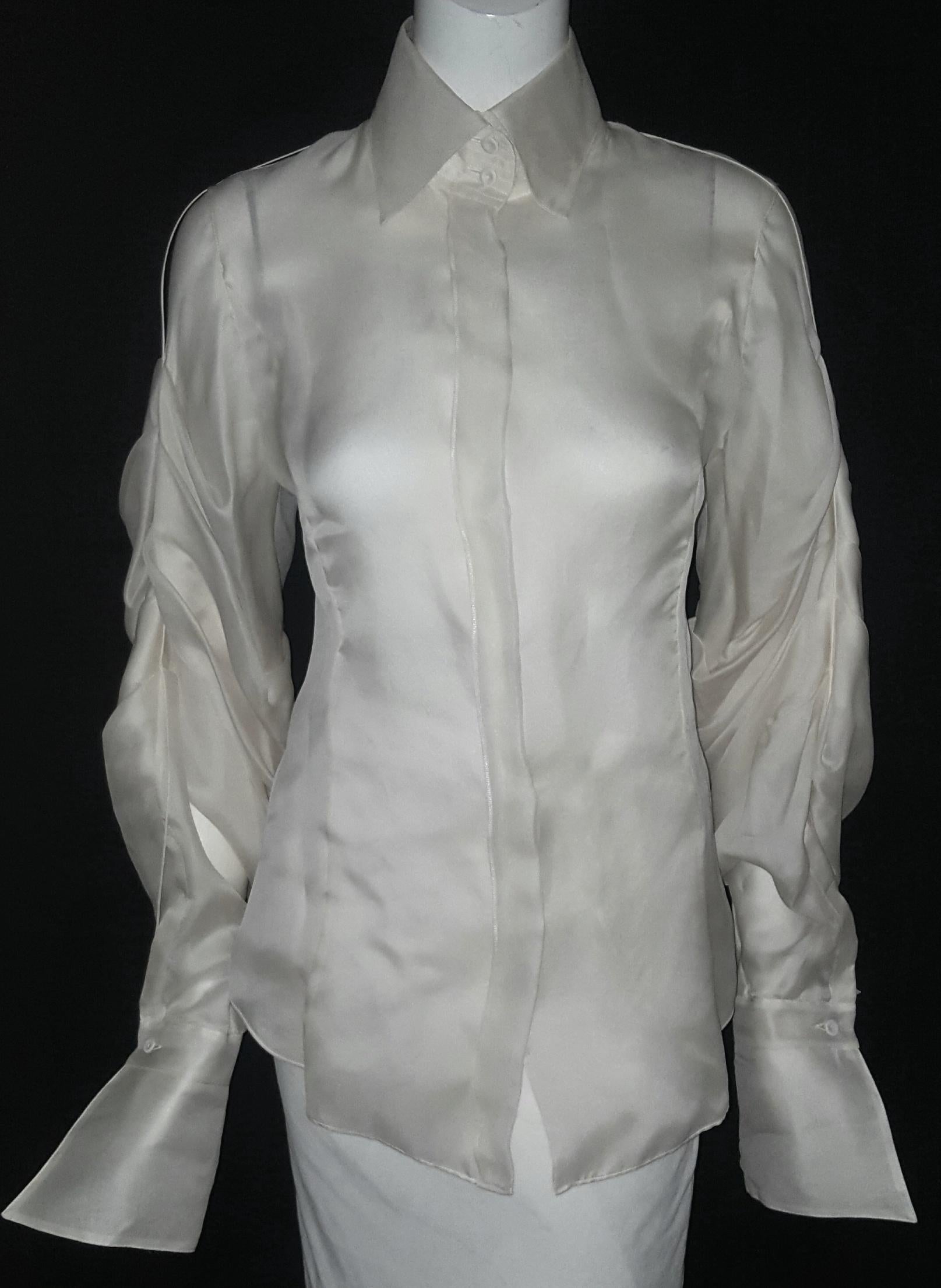 Beige Gianfranco Ferre Silk Organza Ivory Gathered Long Sleeve Top