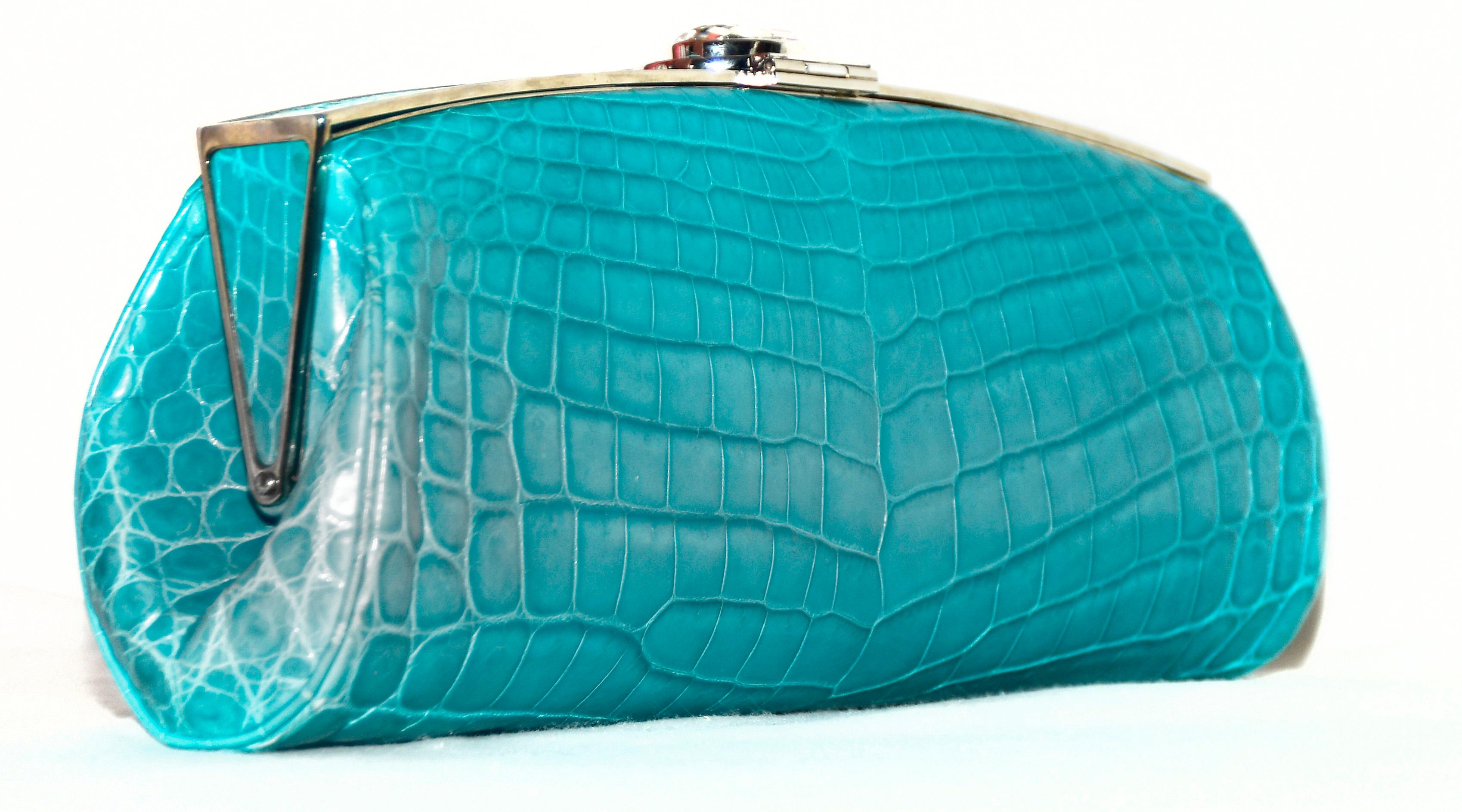 Blue Judith Leiber Turquoise Croc Clutch With Crystal Top Closure For Sale