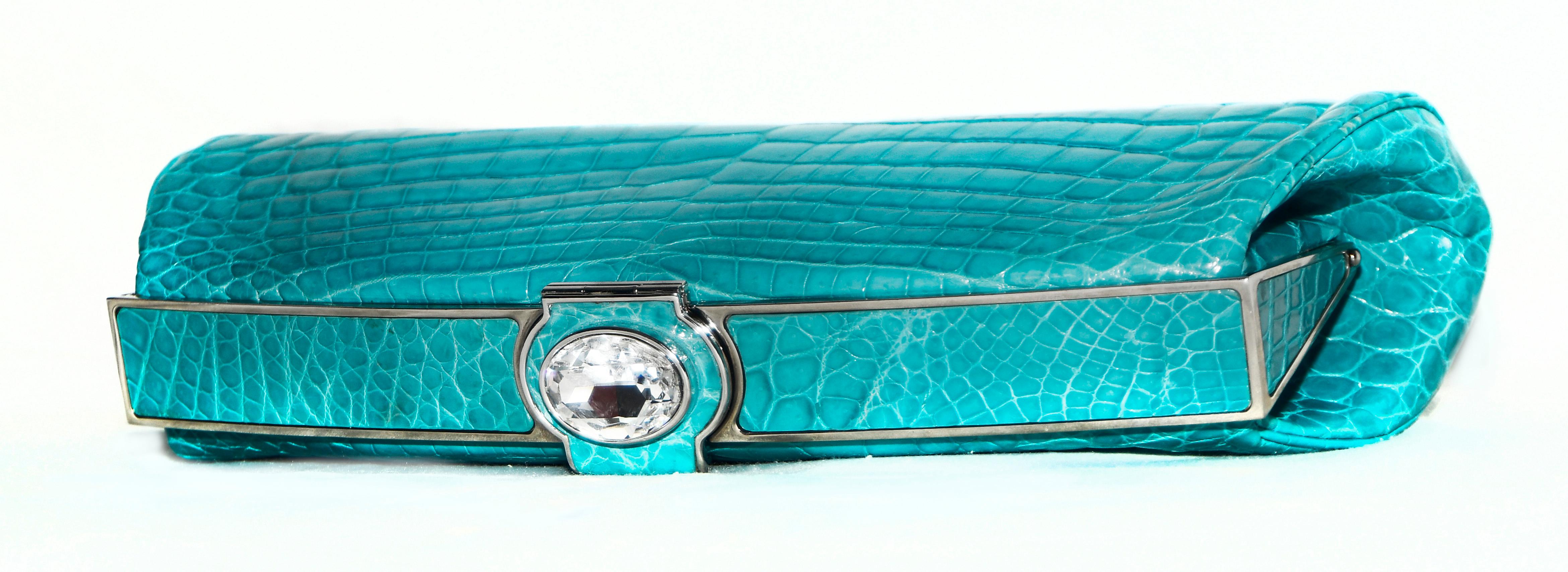 Judith Leiber Turquoise Croc Clutch With Crystal Top Closure In Excellent Condition For Sale In Palm Beach, FL