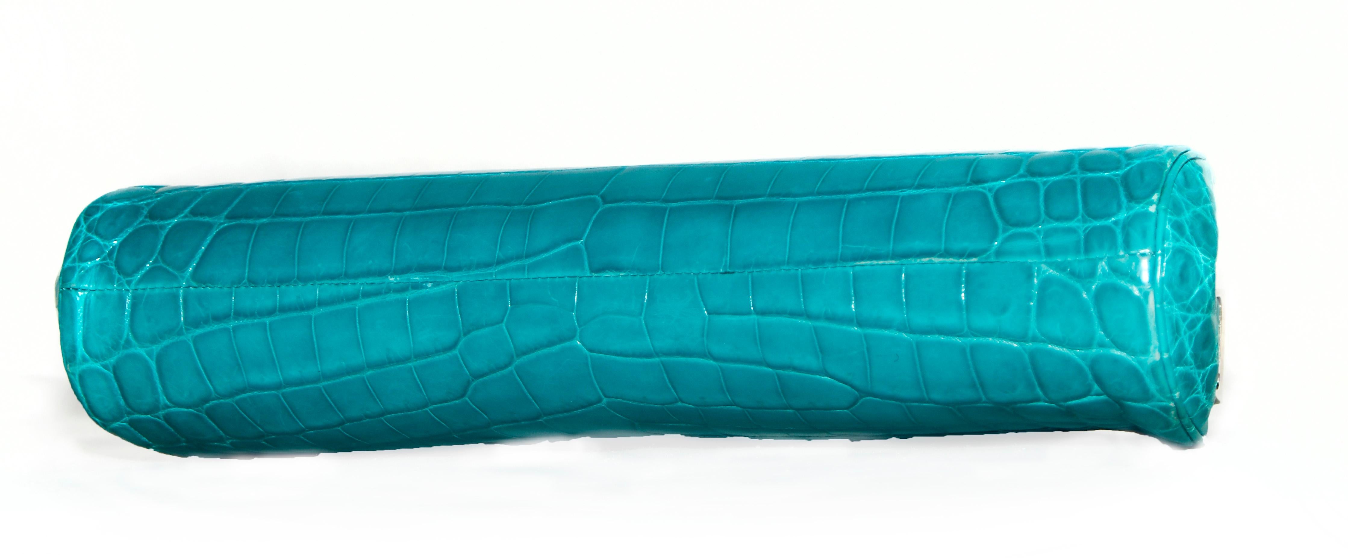 Women's Judith Leiber Turquoise Croc Clutch With Crystal Top Closure For Sale