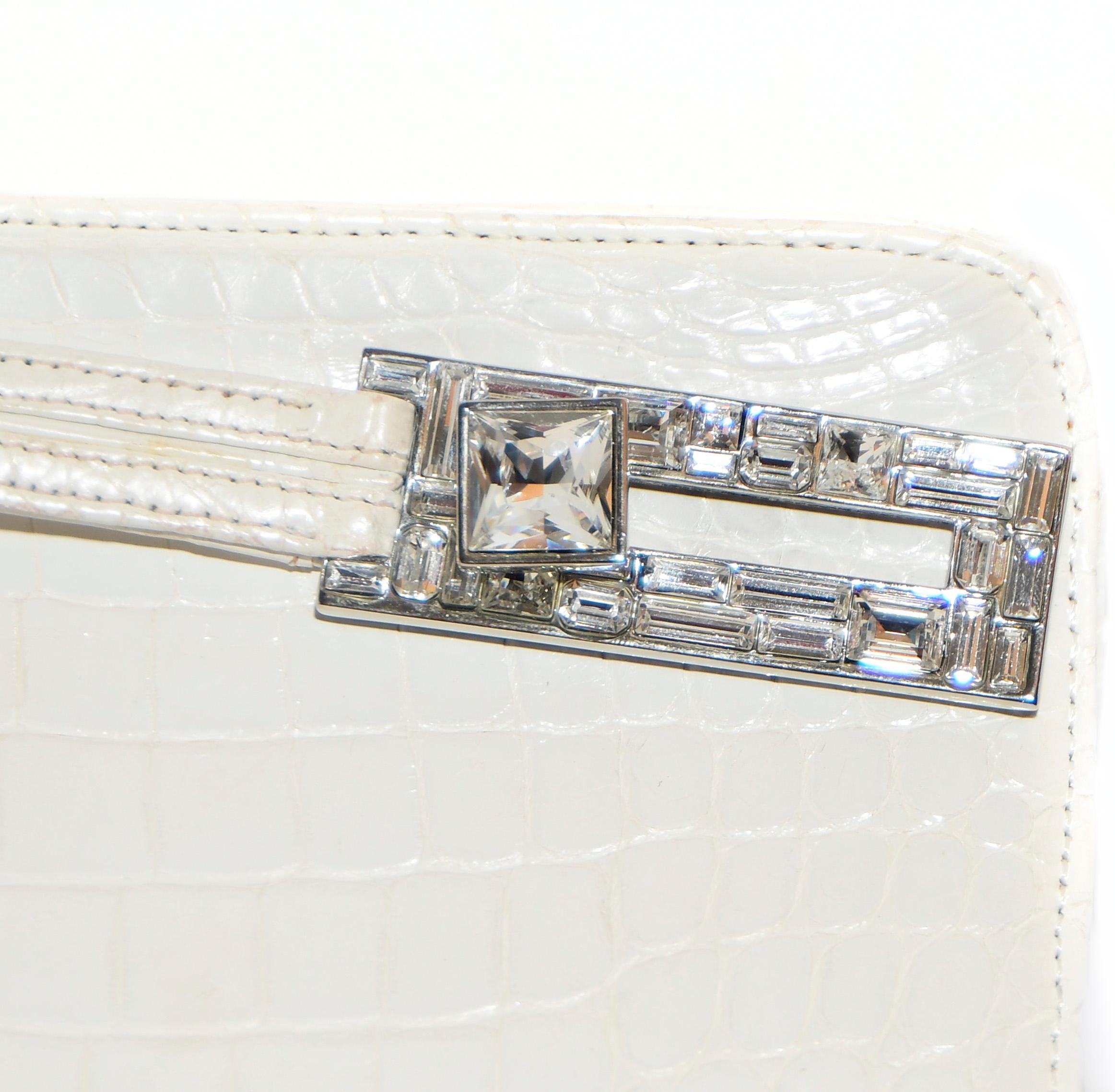 Judith Leiber White Art Deco  Croc Clutch With Crystal Handle  For Sale 1