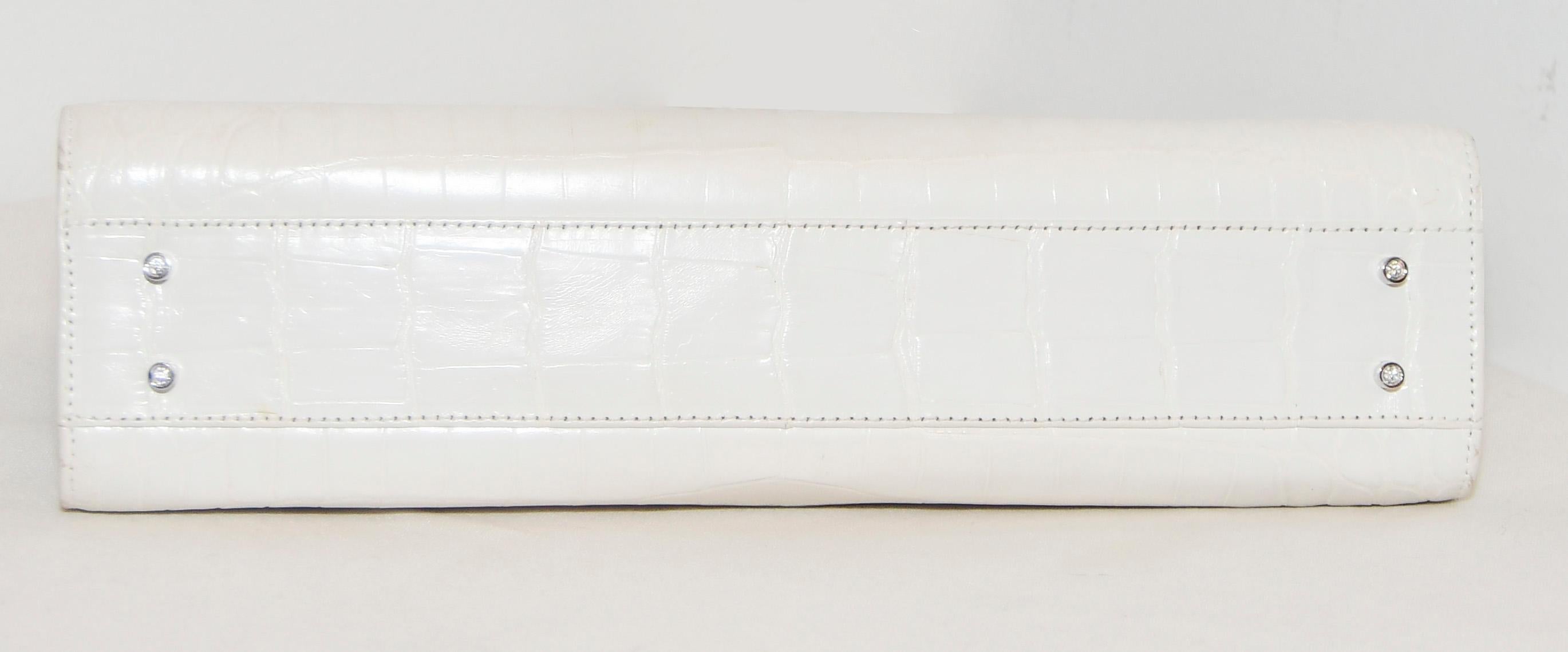 Women's Judith Leiber White Art Deco  Croc Clutch With Crystal Handle  For Sale