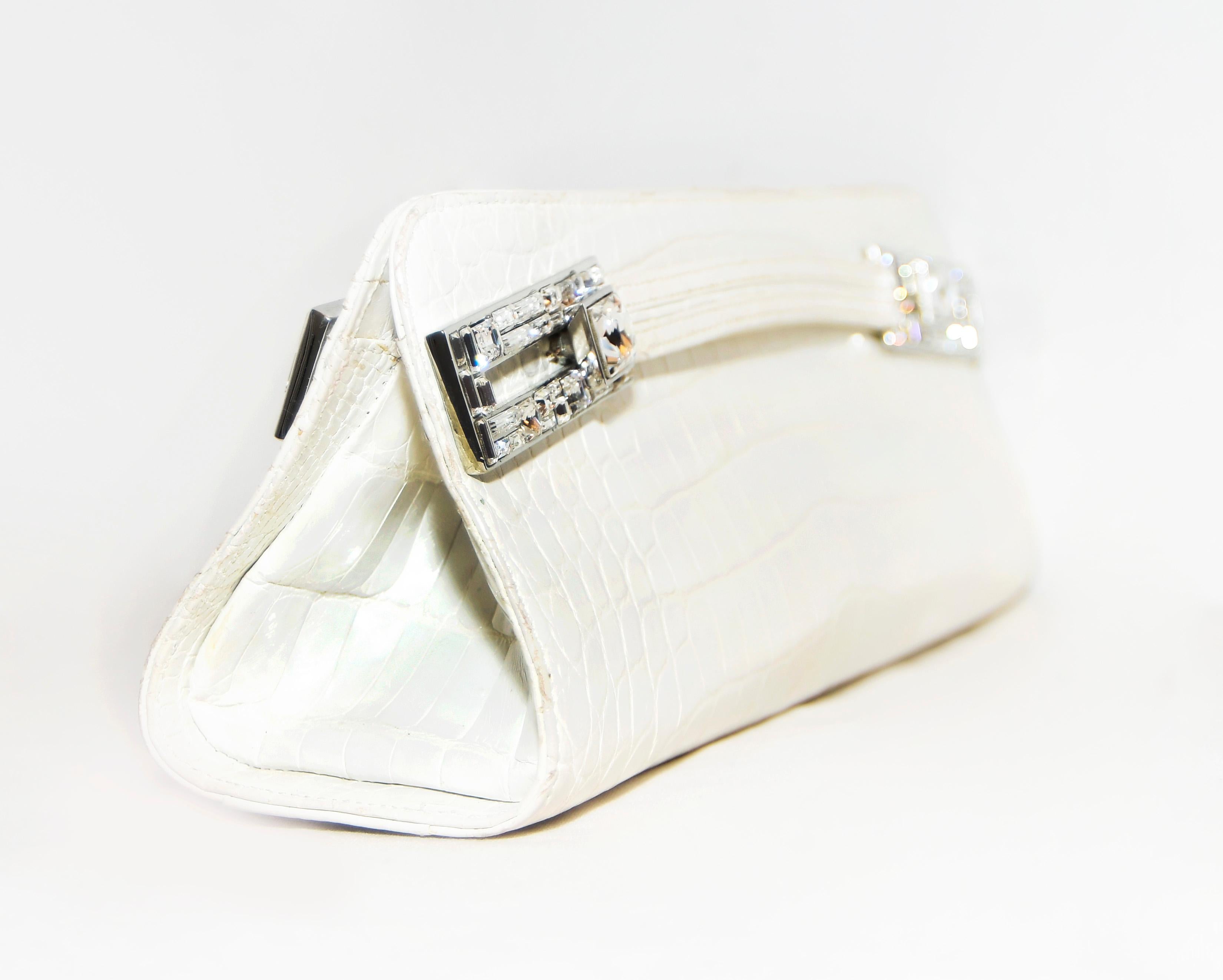 Judith Leiber White Art Deco  Croc Clutch With Crystal Handle  In Excellent Condition For Sale In Palm Beach, FL