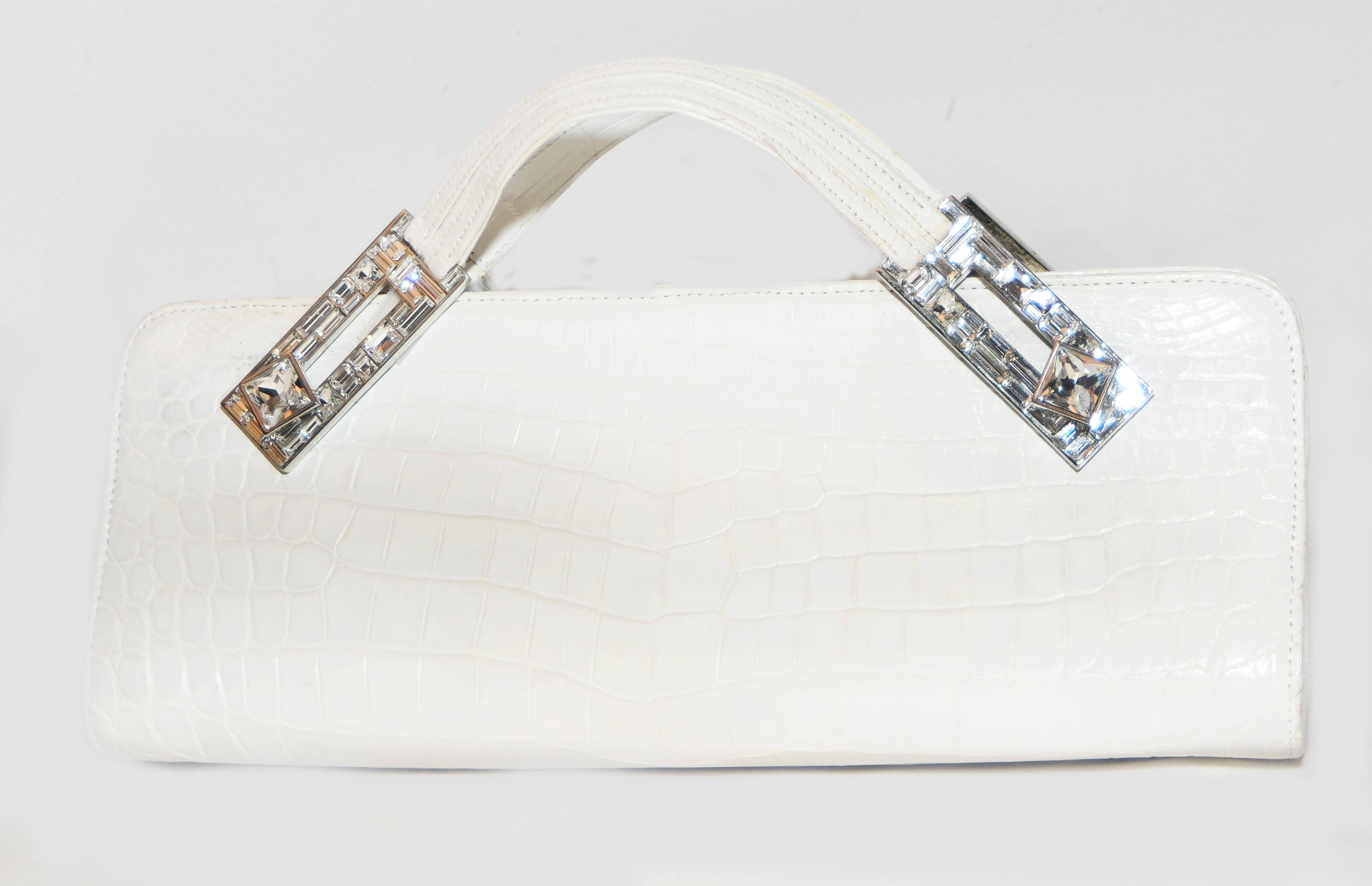 Gray Judith Leiber White Art Deco  Croc Clutch With Crystal Handle  For Sale