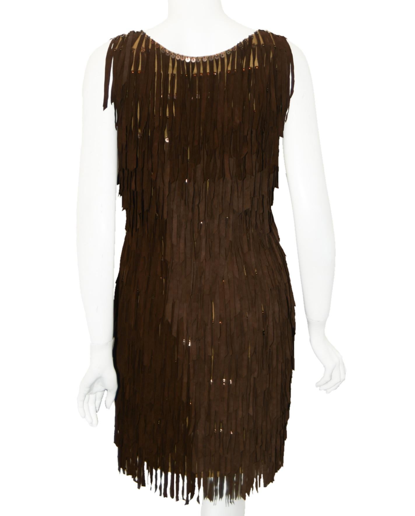 G-lish Beaded Fringe Brown Dress Country Meets Rock & Roll In New Condition For Sale In Palm Beach, FL