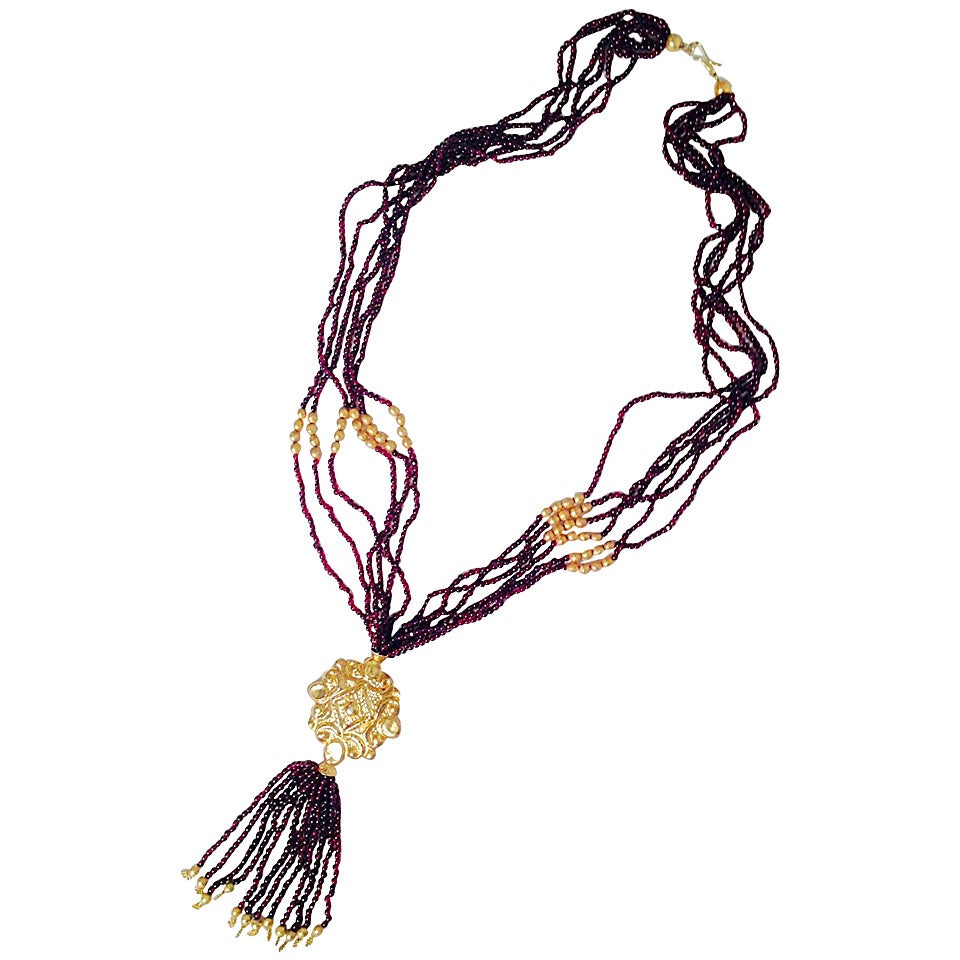Long Luxurious 6 Strand 27" Garnet Bead Necklace For Sale
