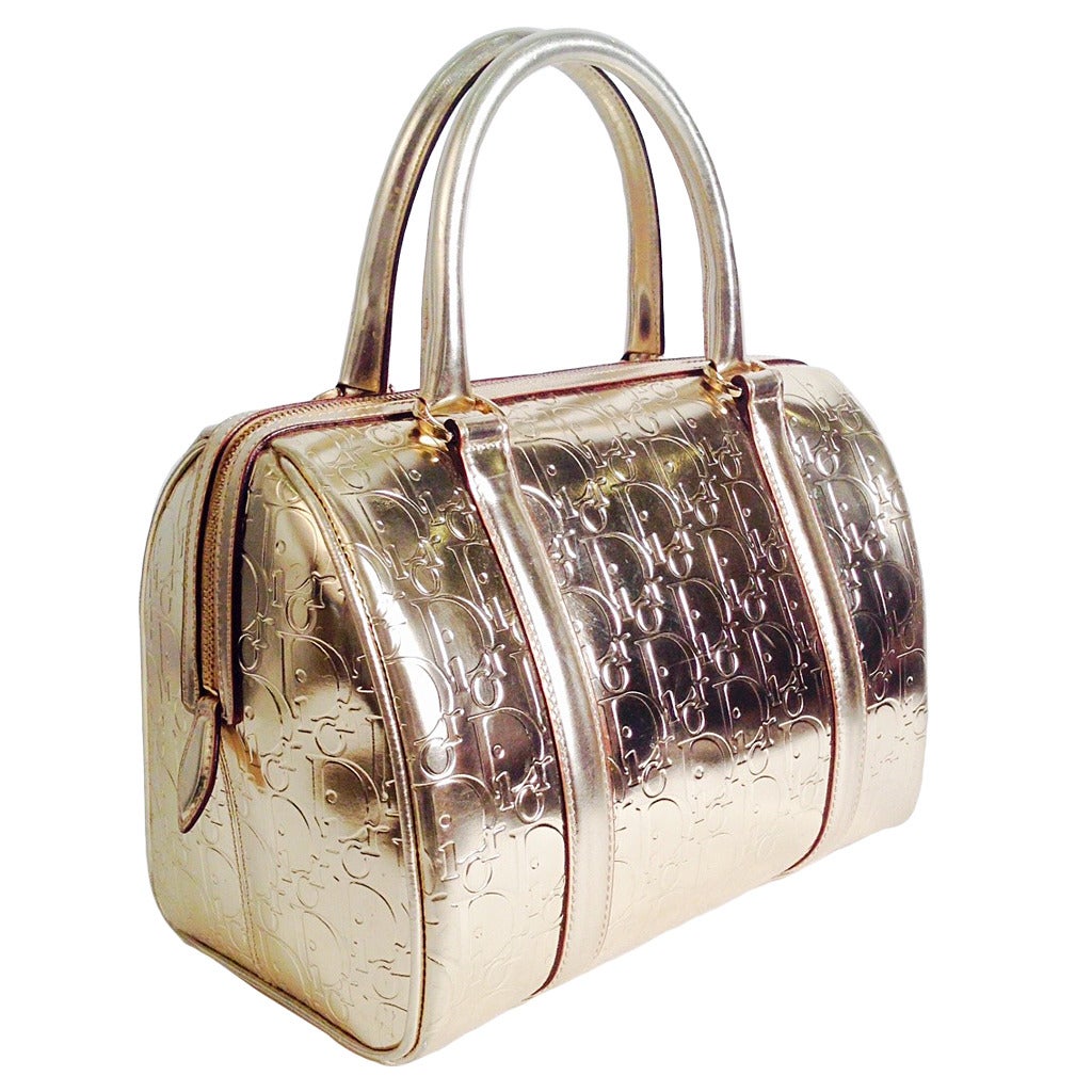 Christian Dior Gold Metallic Embossed Leather Bag For Sale