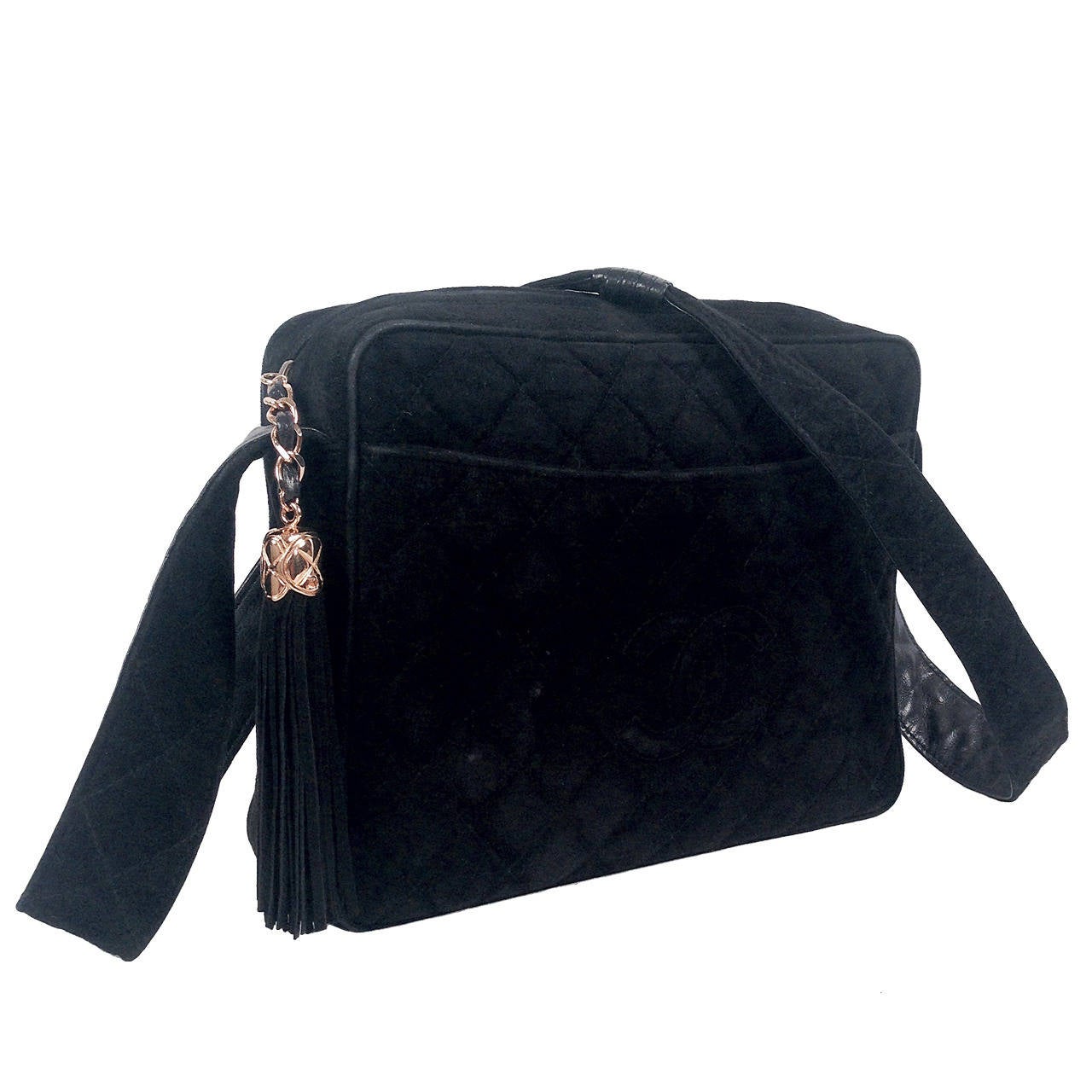 1990s Chanel Black Suede Camera Shoulder Bag