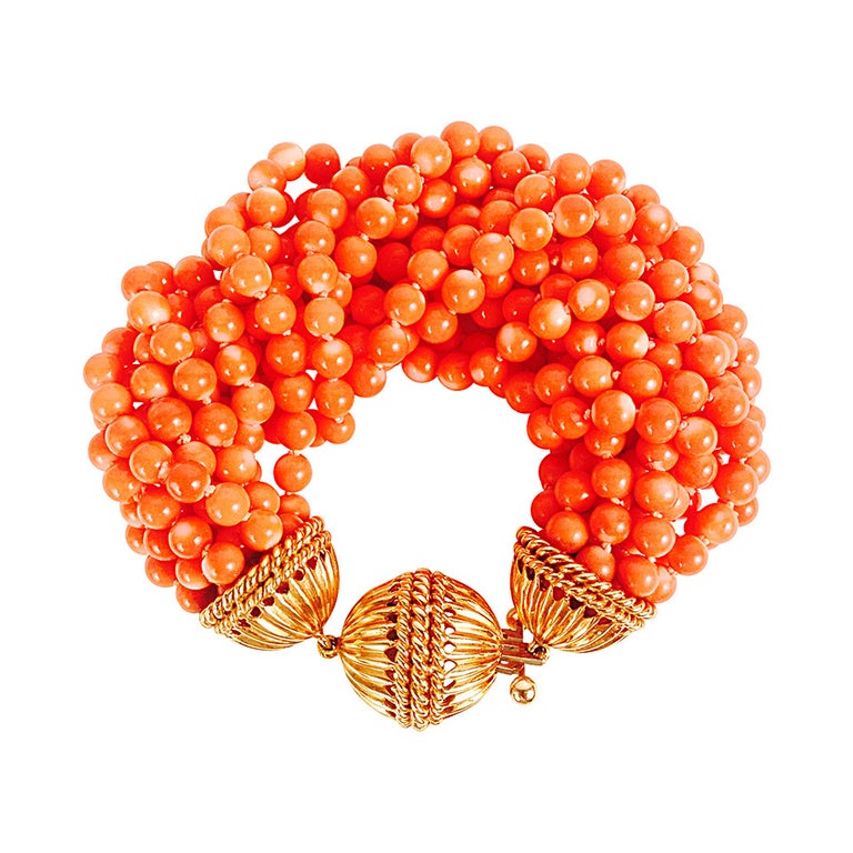 MultiStrand Coral Bead Bracelet With Heavy Gold Clasp For Sale at 1stDibs