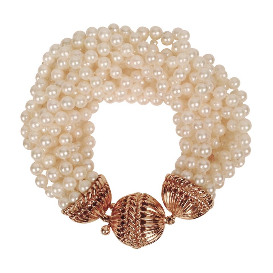 Multi-Strand Pearl Bracelet with Heavy Gold Clasp For Sale