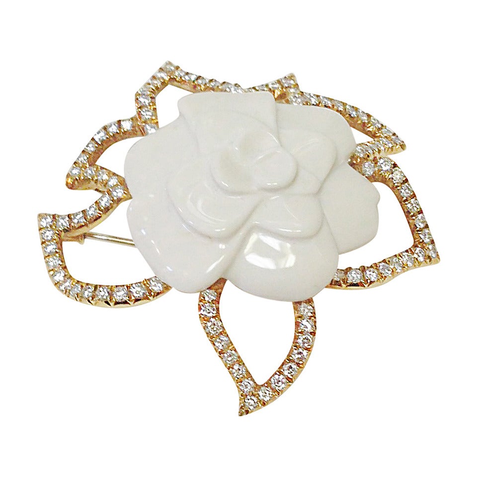 Chanel Diamond Gold Ceramic Camelia Pin For Sale