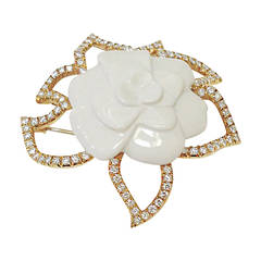 Chanel Diamond Gold Ceramic Camelia Pin
