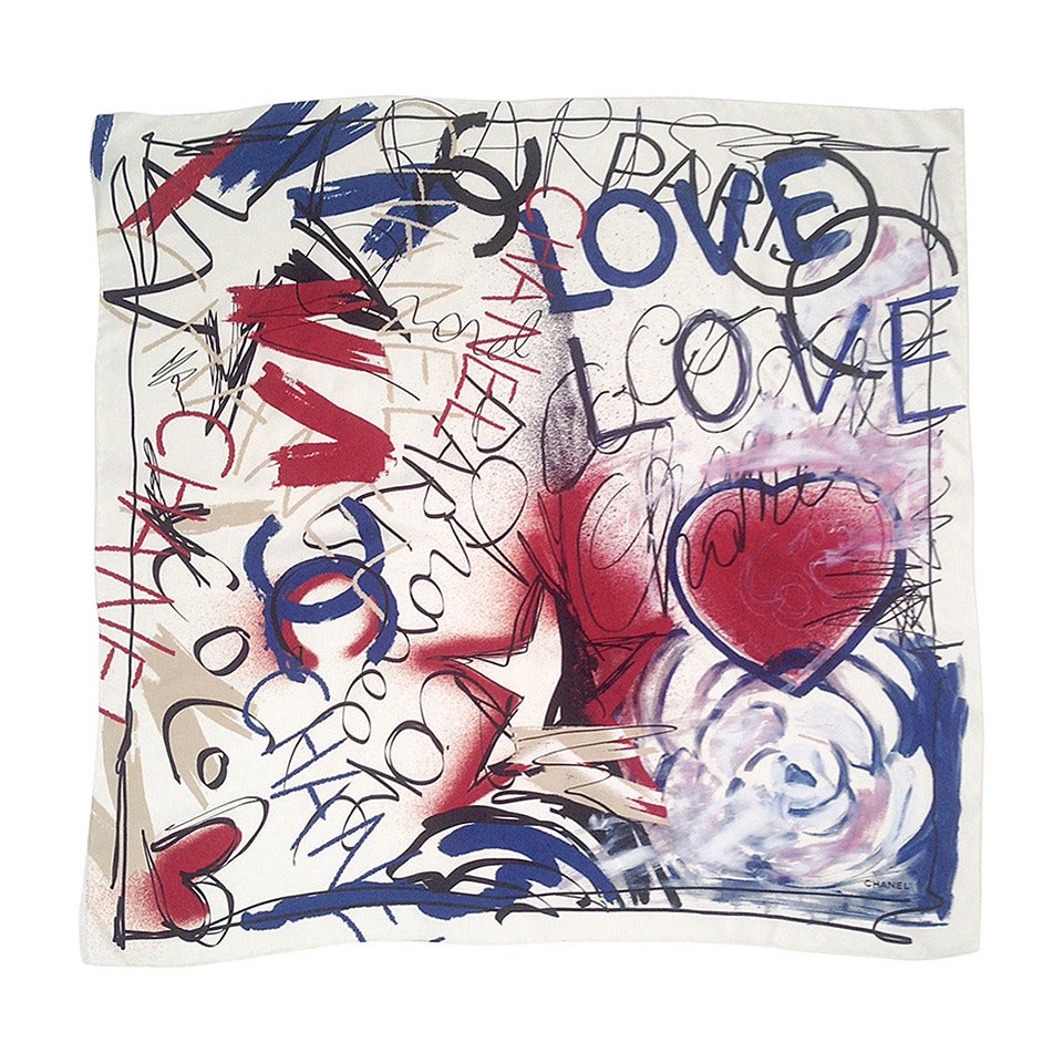 Chanel 100% Silk Love and Heart Scarf For Sale