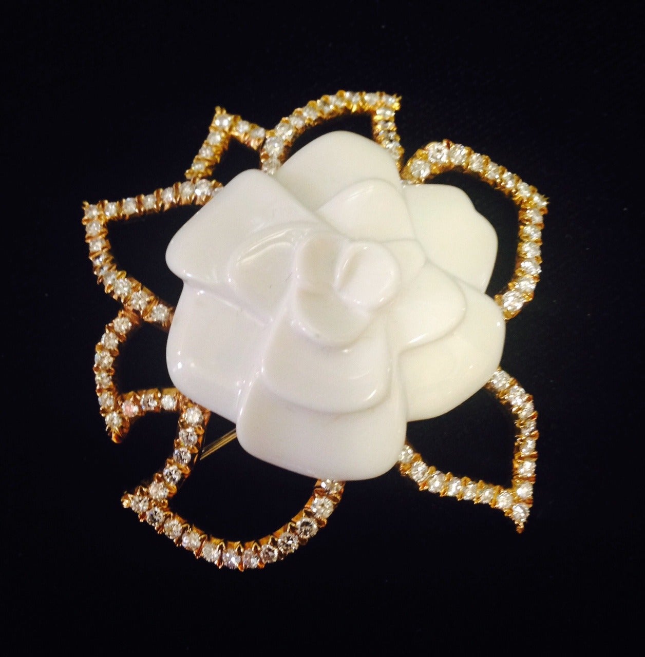Chanel Diamond Gold Ceramic Camelia Pin In New Condition For Sale In Palm Beach, FL