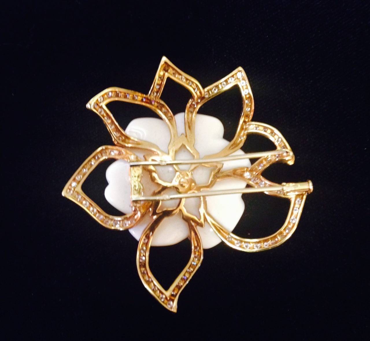 Women's Chanel Diamond Gold Ceramic Camelia Pin For Sale