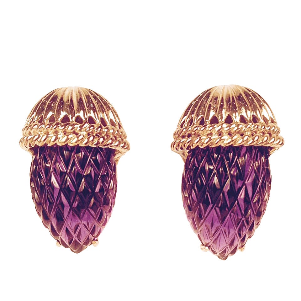 Carved Amethyst Gold Grape Ear Clips For Sale