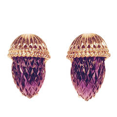 Carved Amethyst Gold Grape Ear Clips