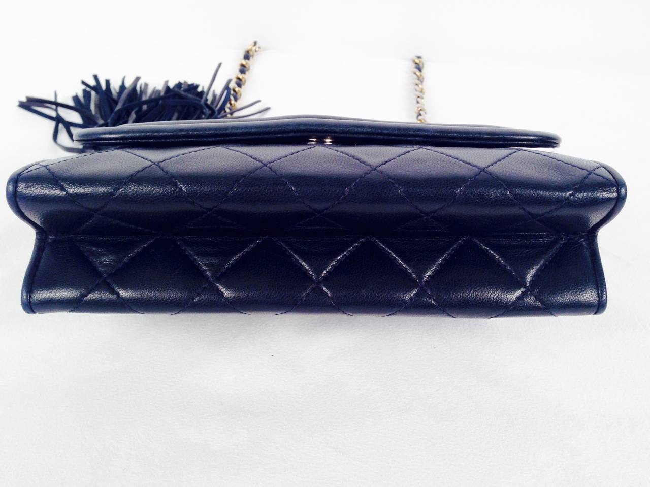 Vintage Chanel Navy Quilted Lambskin Single Flap Bag With Tassel For Sale 1