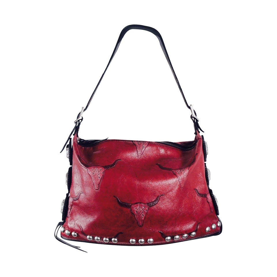 Kieselstein-Cord Studded Red Leather Shoulder Bag with Medallions