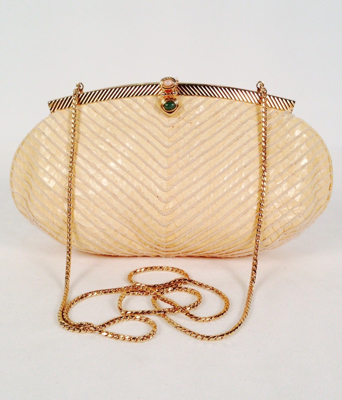 Vintage Judith Leiber French Vanilla Python Bag With Jeweled Clasp In Excellent Condition For Sale In Palm Beach, FL