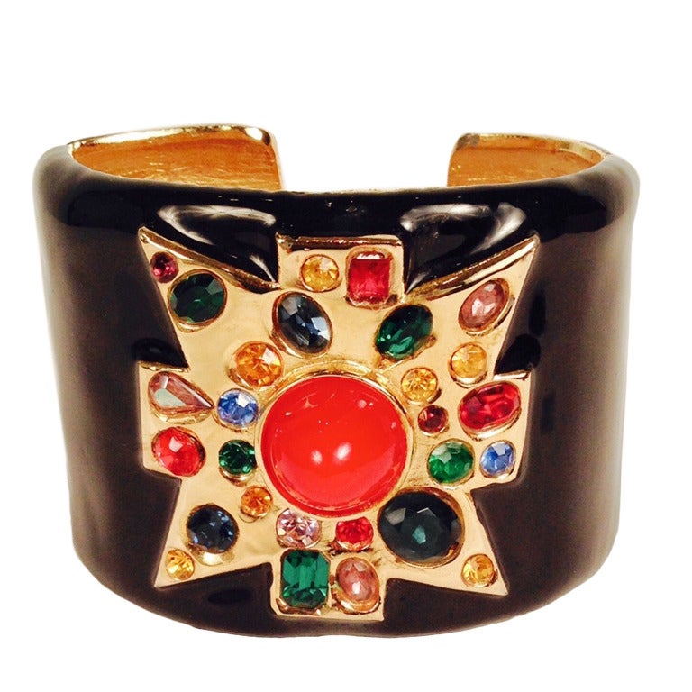 Kenneth Lane Black Enamel Cuff with Jeweled Maltese Cross For Sale