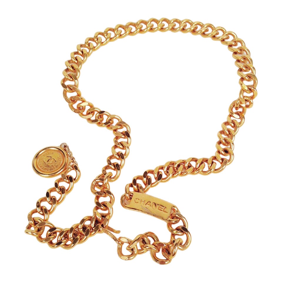 1990s Chanel Gold Tone Medallion Chain Belt For Sale