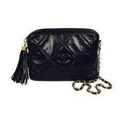 Vintage 1980s Chanel Black Quilted Lambskin Camera Bag With Tassel