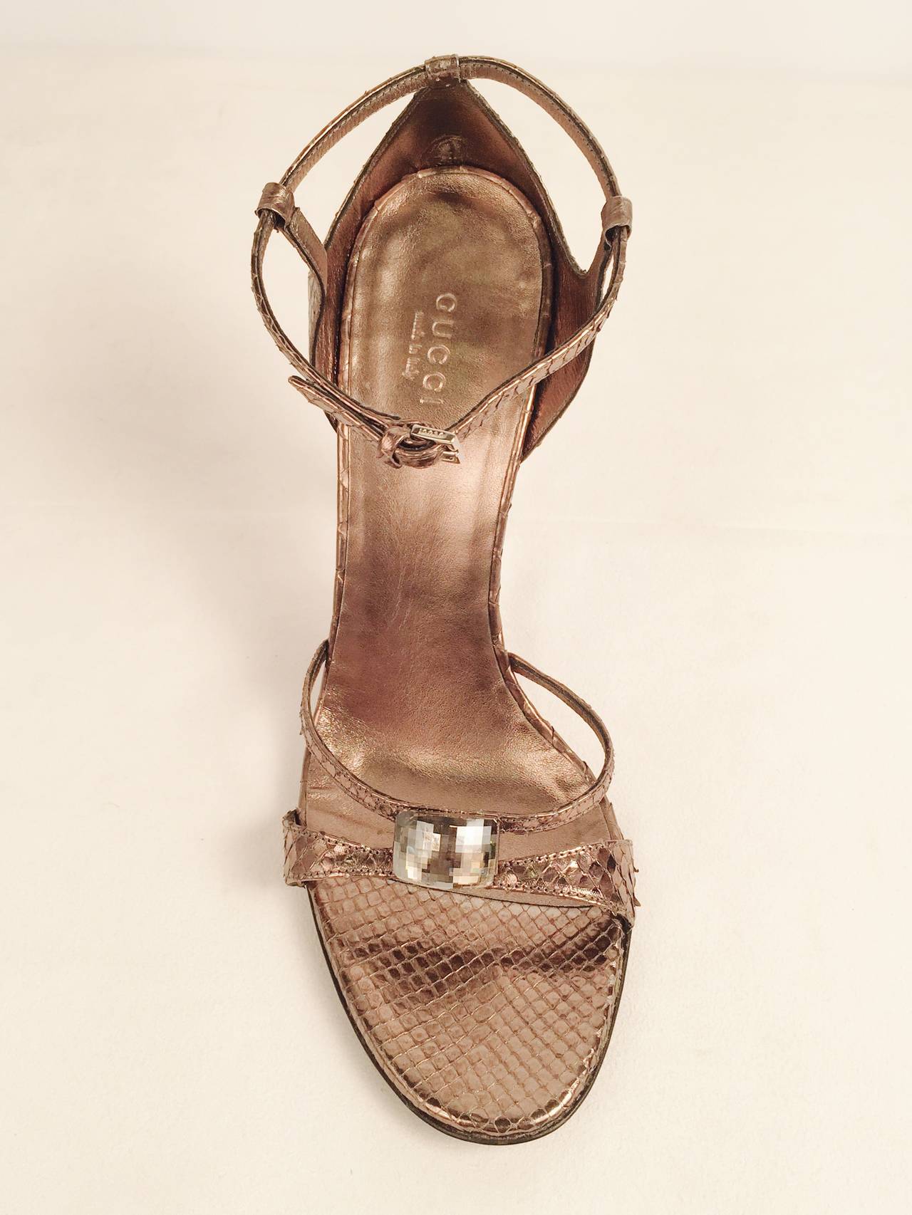 Brown Gucci Mettalic Snakeskin High Heel Strappy Sandals For Sale