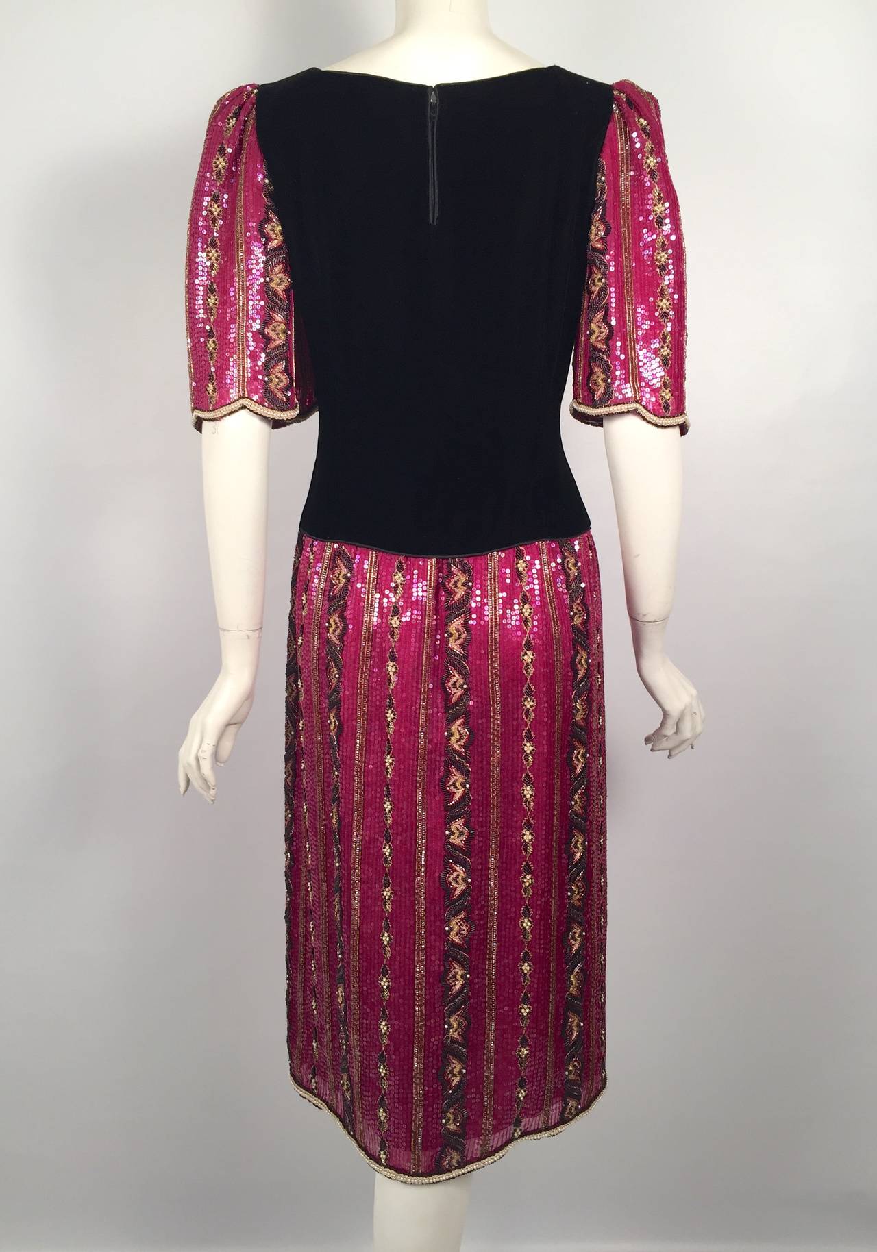 Vintage Mary McFadden Embroidered Silk Dress With Velvet In Excellent Condition For Sale In Palm Beach, FL